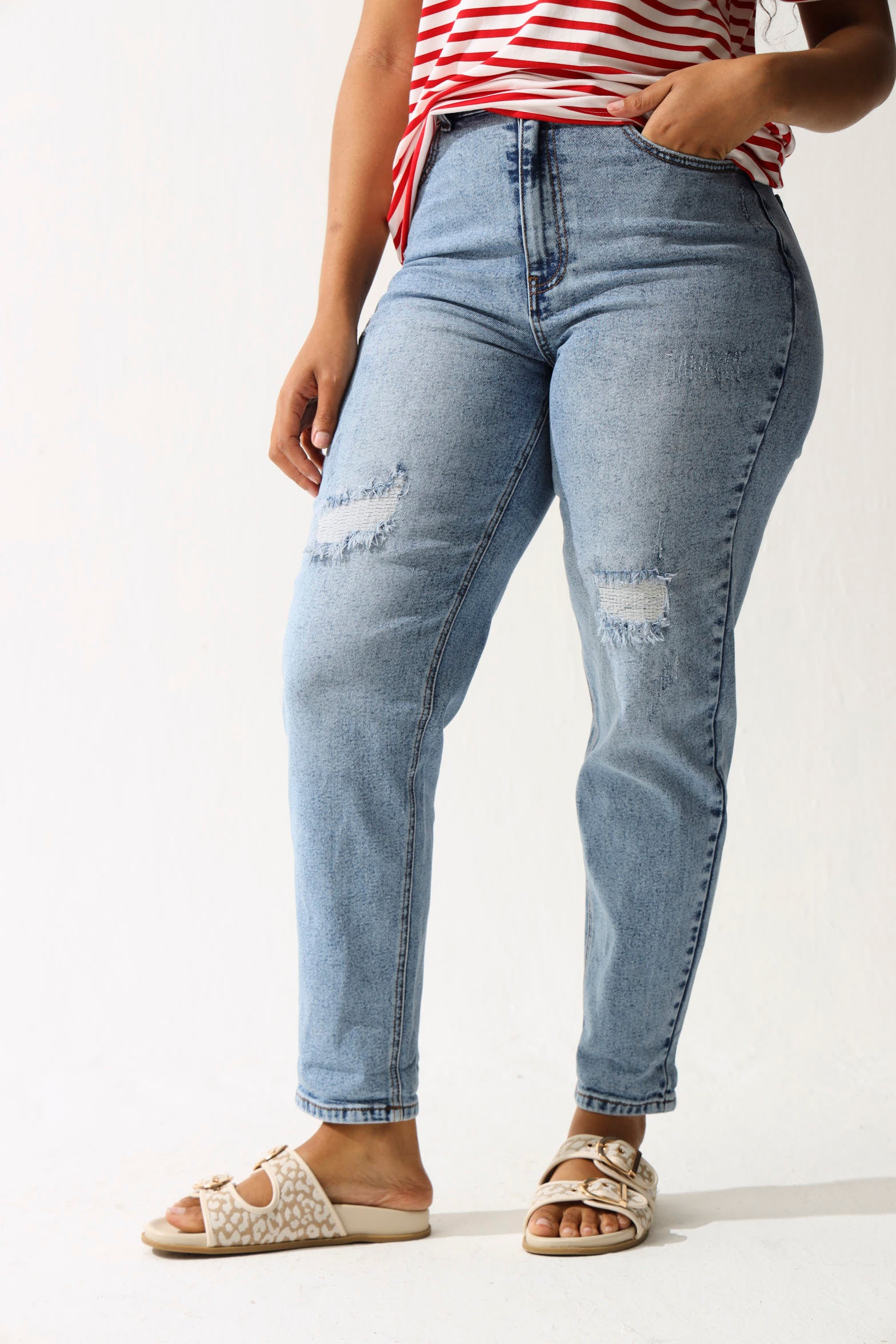 Mended Patch Roll Hem Tapered Mom Jean - Stonewash