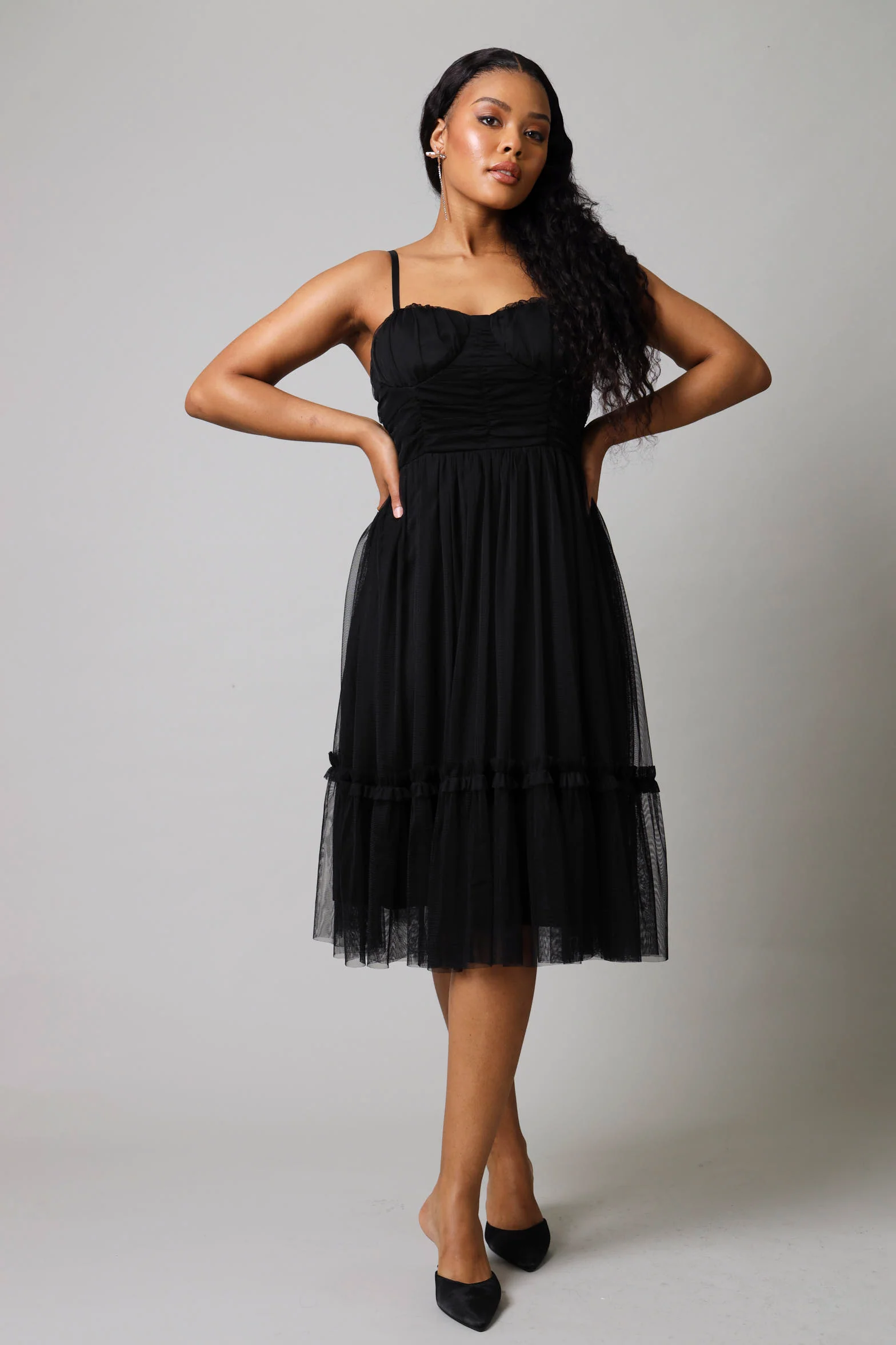Mesh Gauged Prom Dress - Black