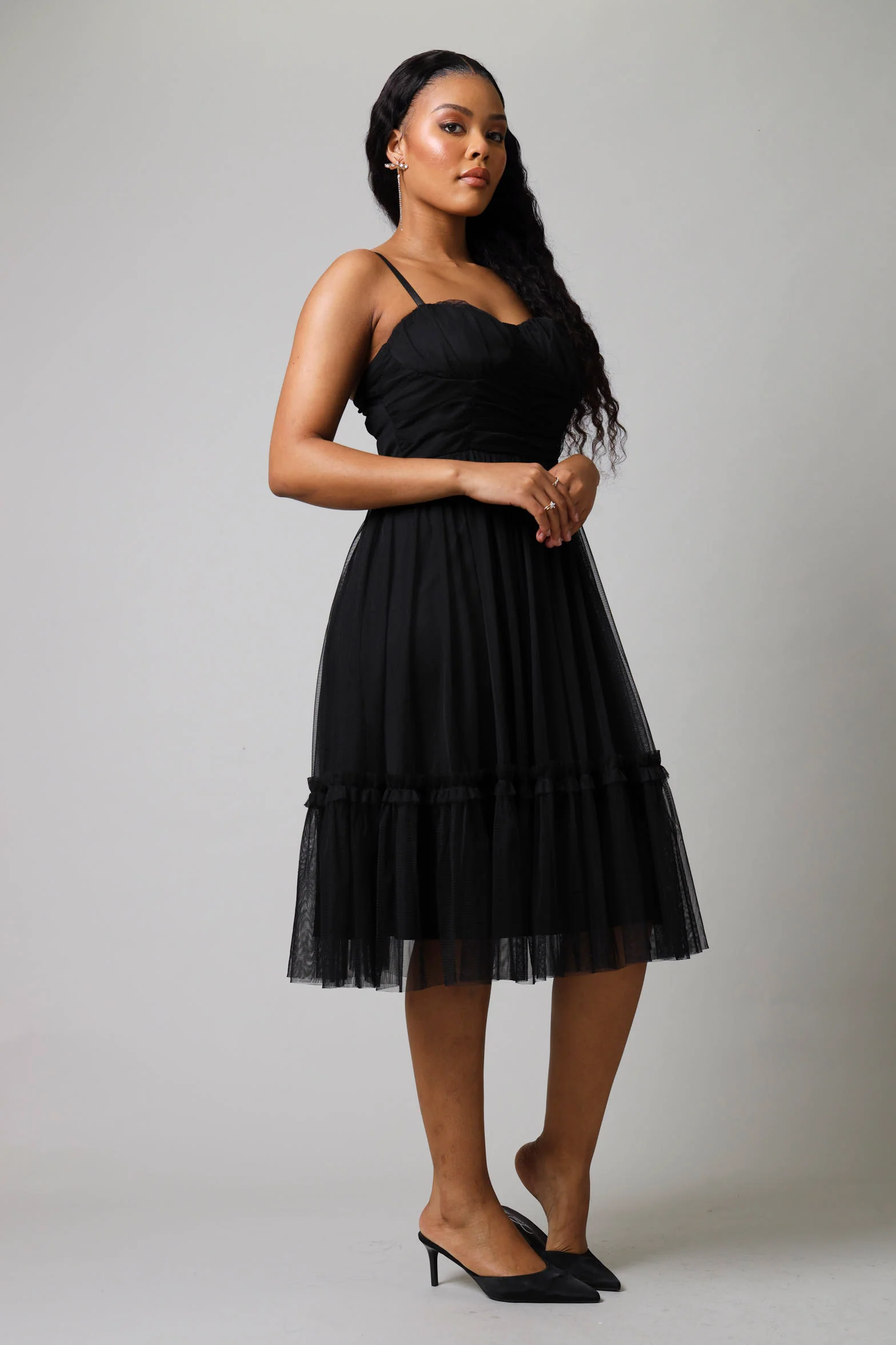 Mesh Gauged Prom Dress - Black - Image 2