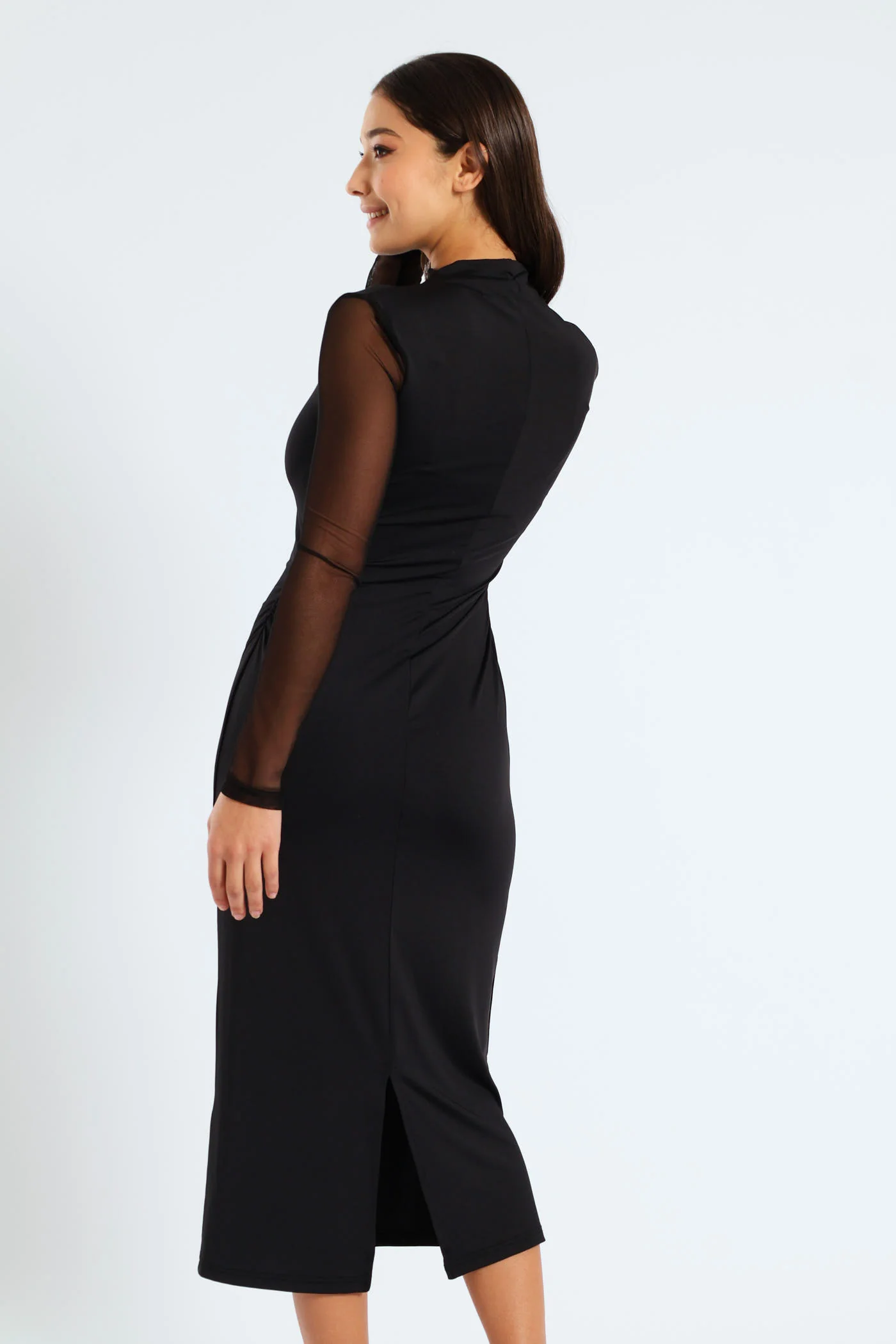 Mesh Long Sleeve Gauged Hi Neck Slinky Dress - Black - Image 5
