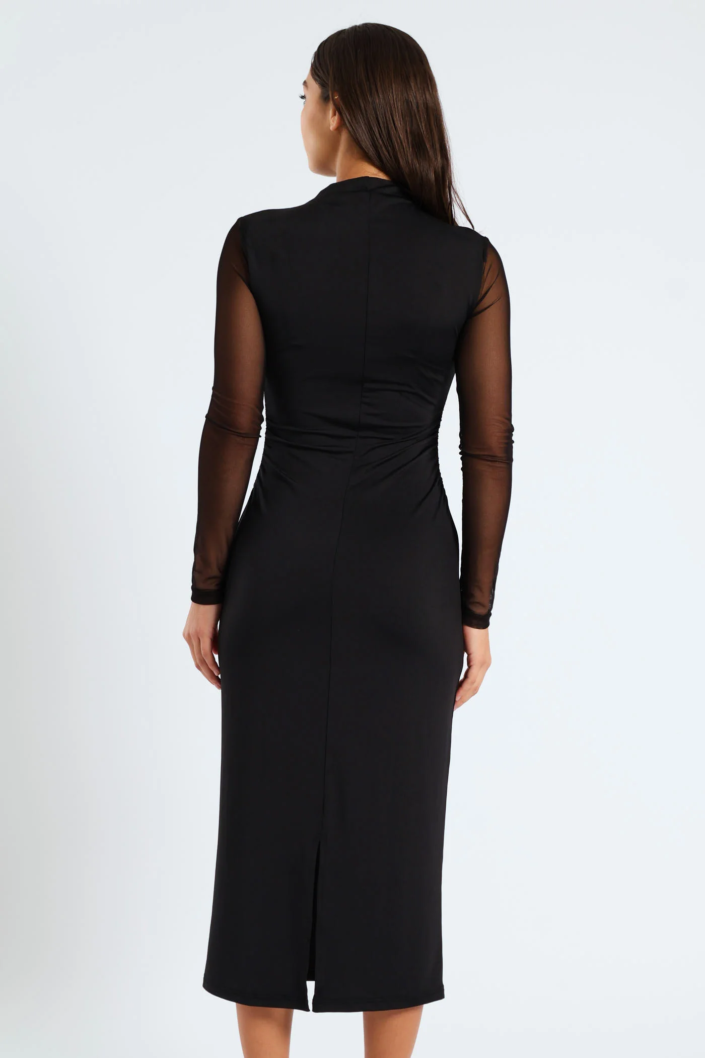 Mesh Long Sleeve Gauged Hi Neck Slinky Dress - Black - Image 6