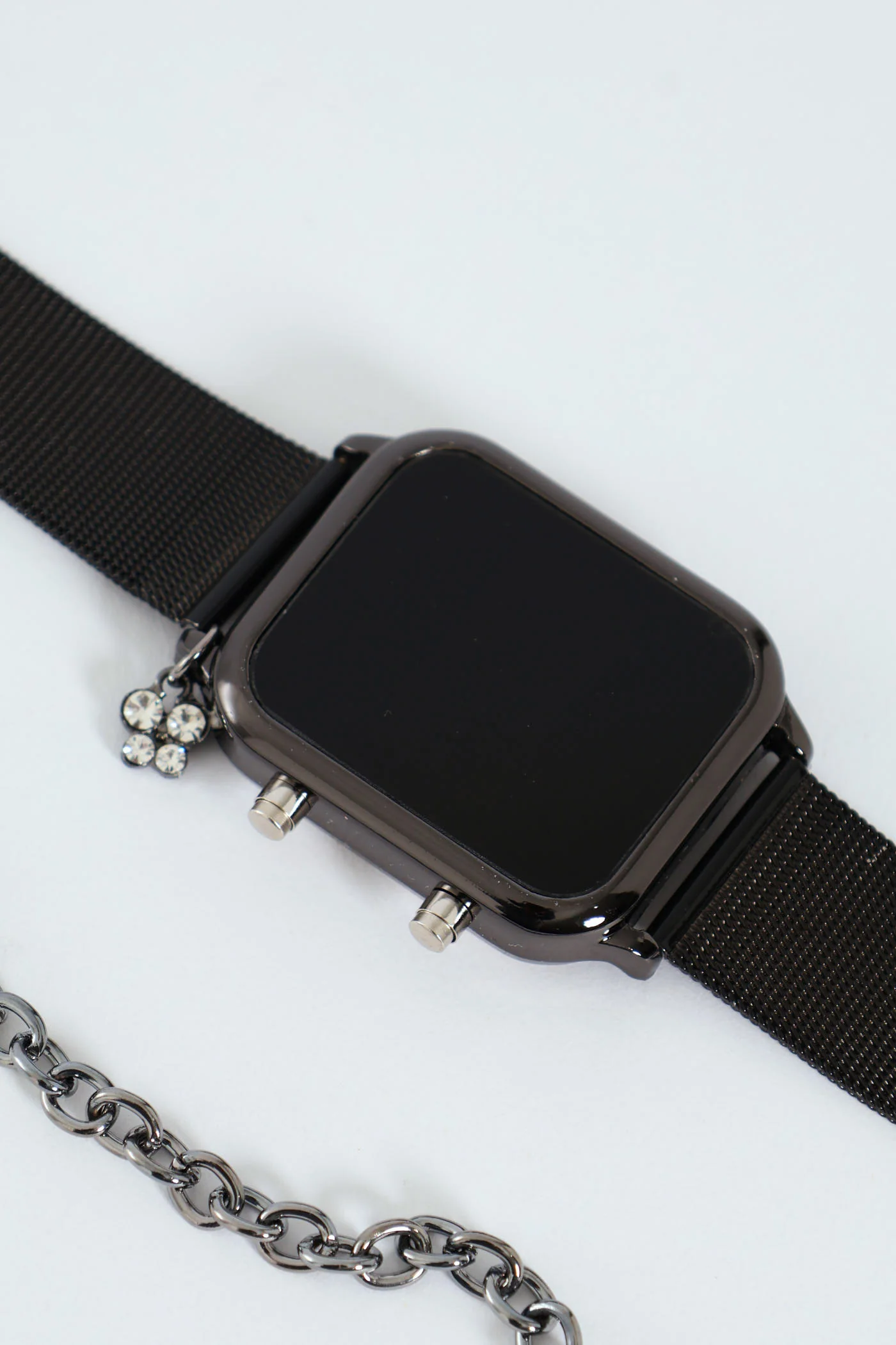 Mesh Strap Digital Watch & Heart Charm Bracelet - Gunmetal - Image 3