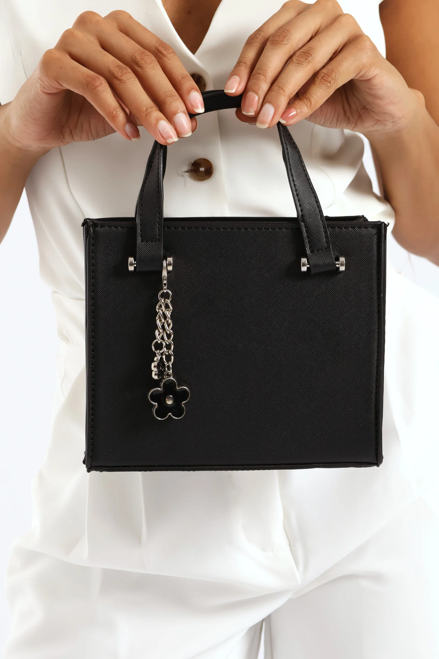 Metal Bar Perspex Flower Charm Tote Bag - Black