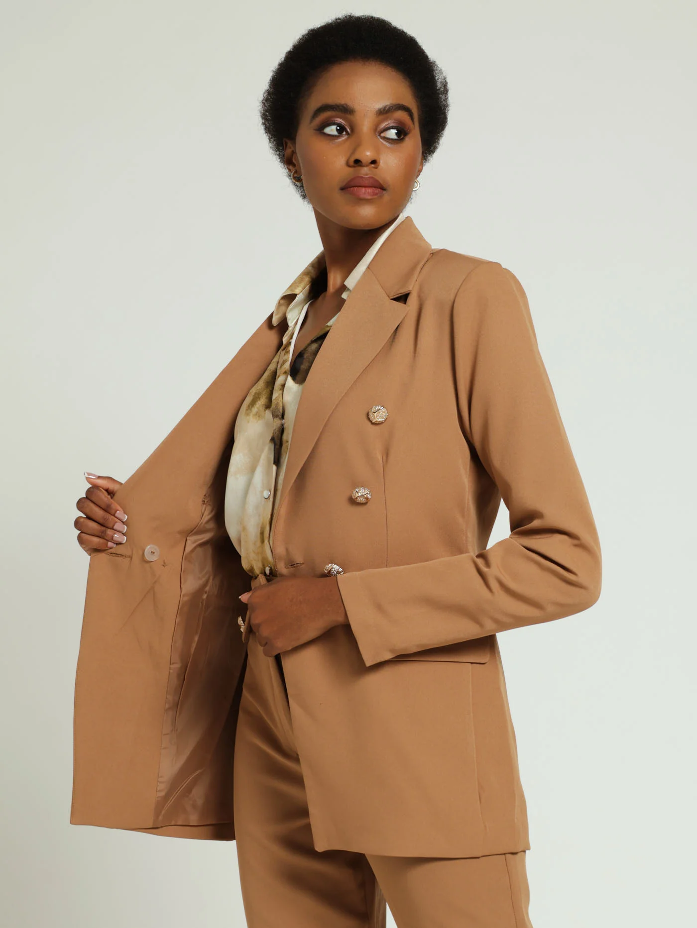 Metal Button Trim Blazer - Nude