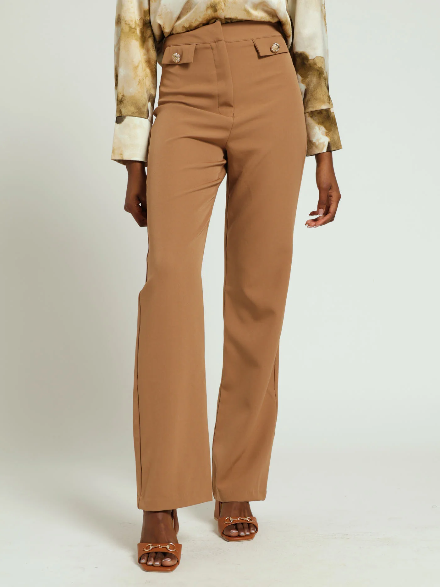Metal Button Trim Straight Leg Pants - Nude