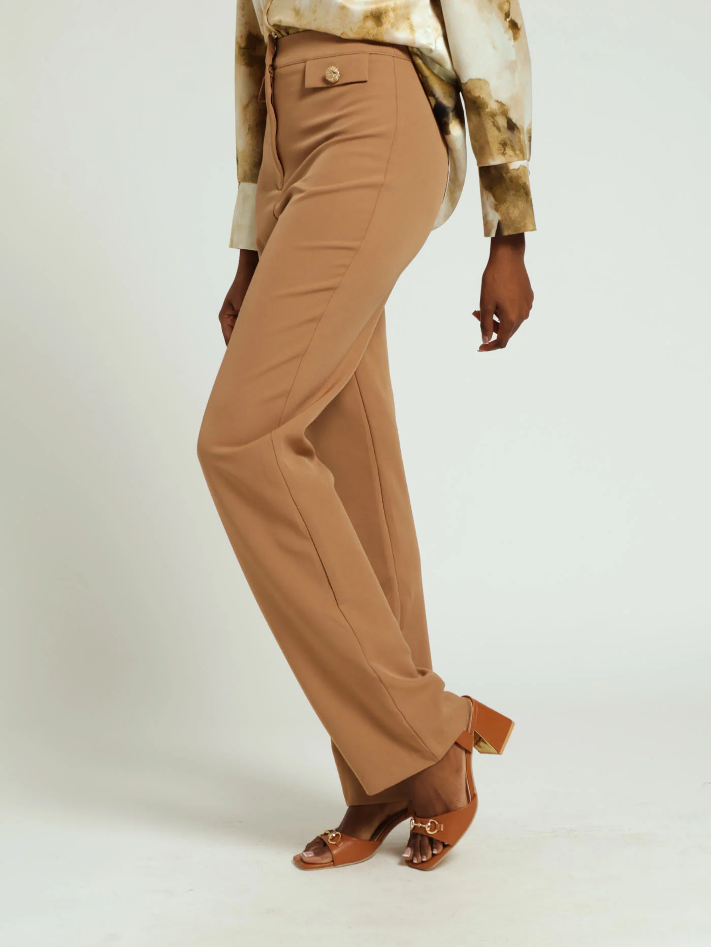 Metal Button Trim Straight Leg Pants - Nude - Image 2