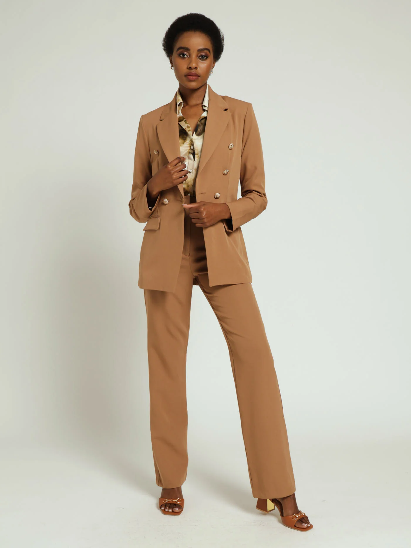 Metal Button Trim Straight Leg Pants - Nude - Image 4