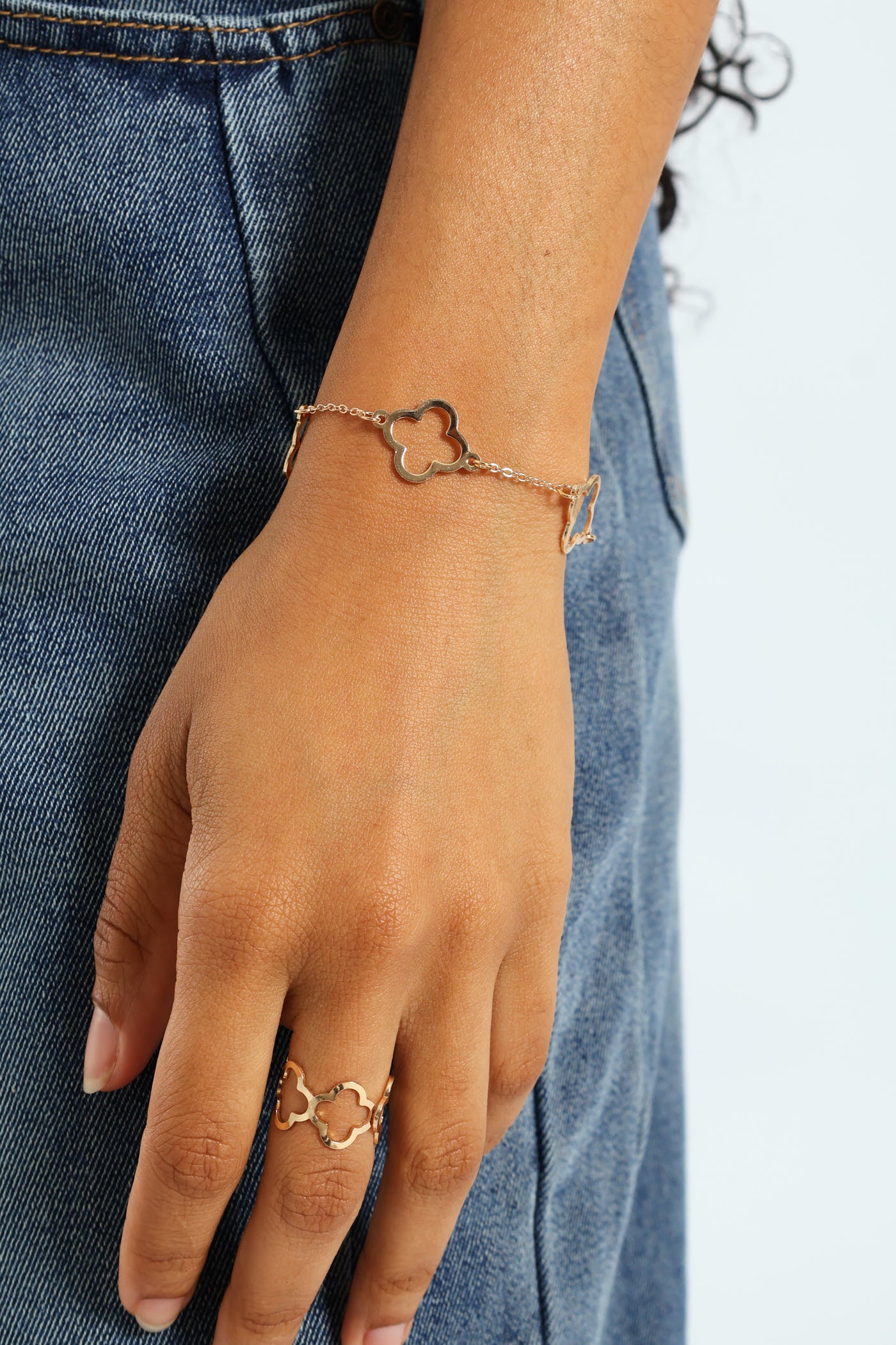 Metal Flower Bracelet & Ring Set - Gold