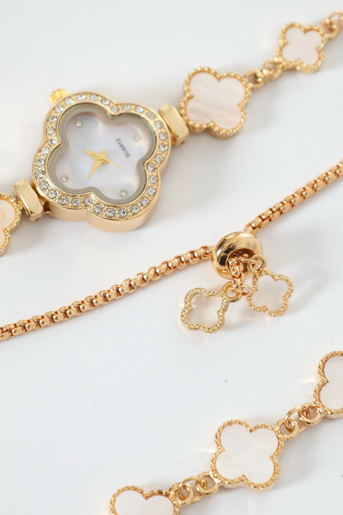 Metal Flower Link Watch & Matching Bracelet - Gold