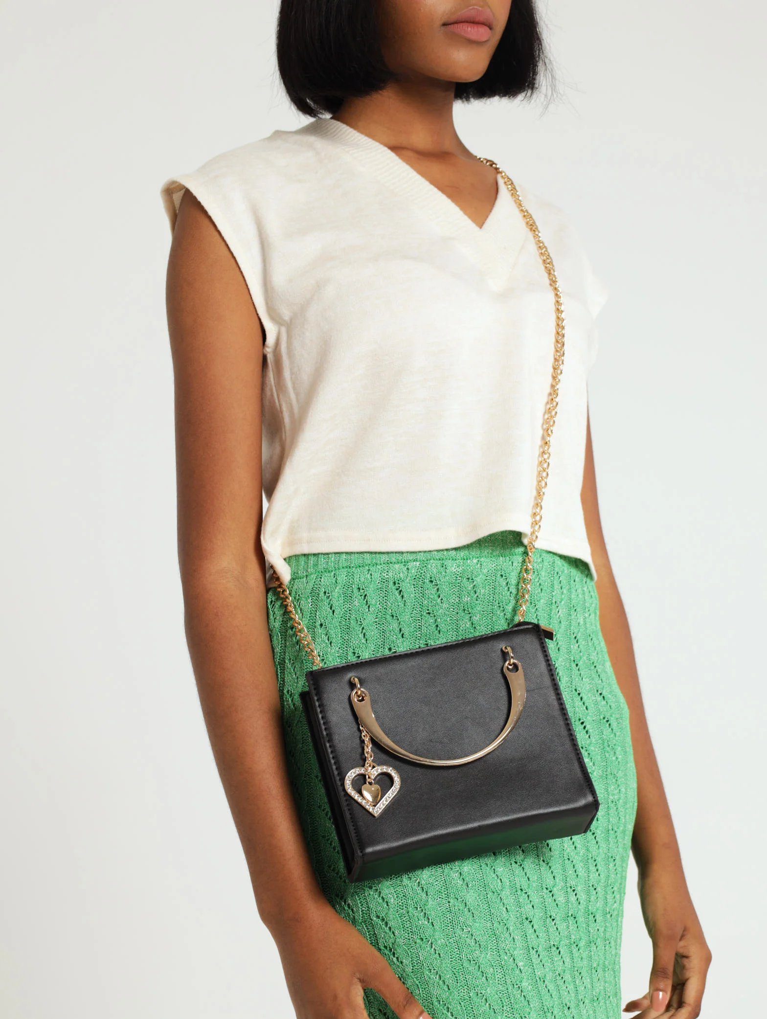 Metal Handle Diamante Lock & Heart Charm Tote Bag