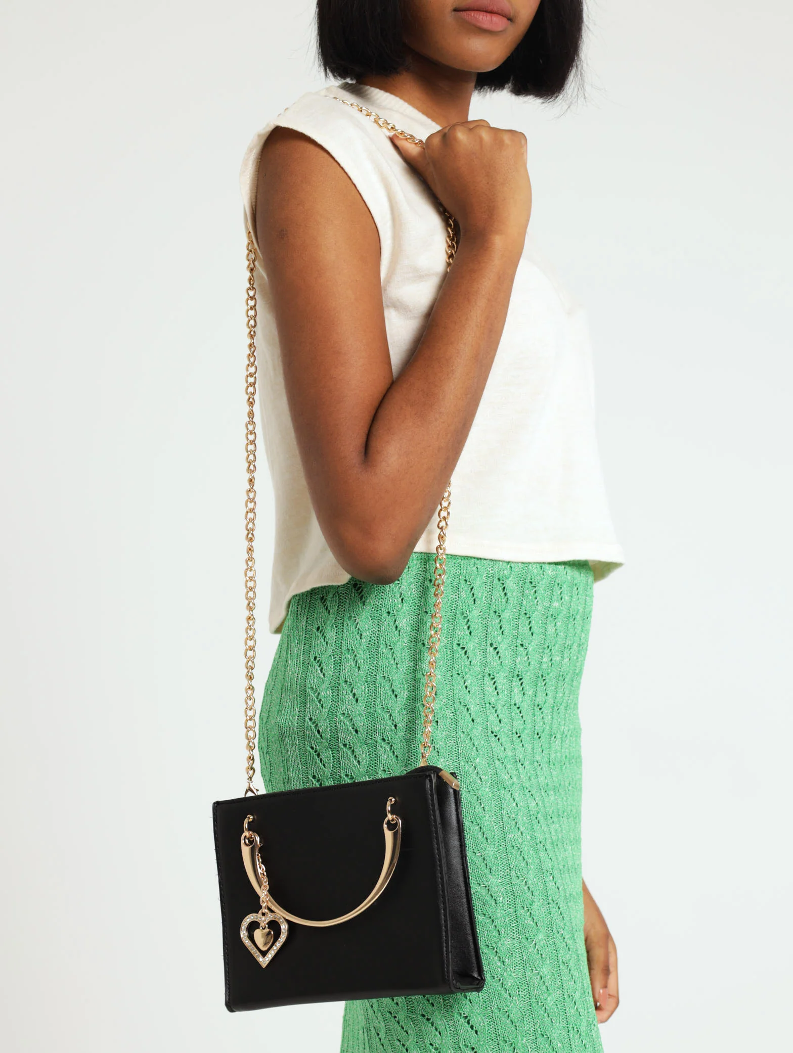 Metal Handle Diamante Lock & Heart Charm Tote Bag - Image 3