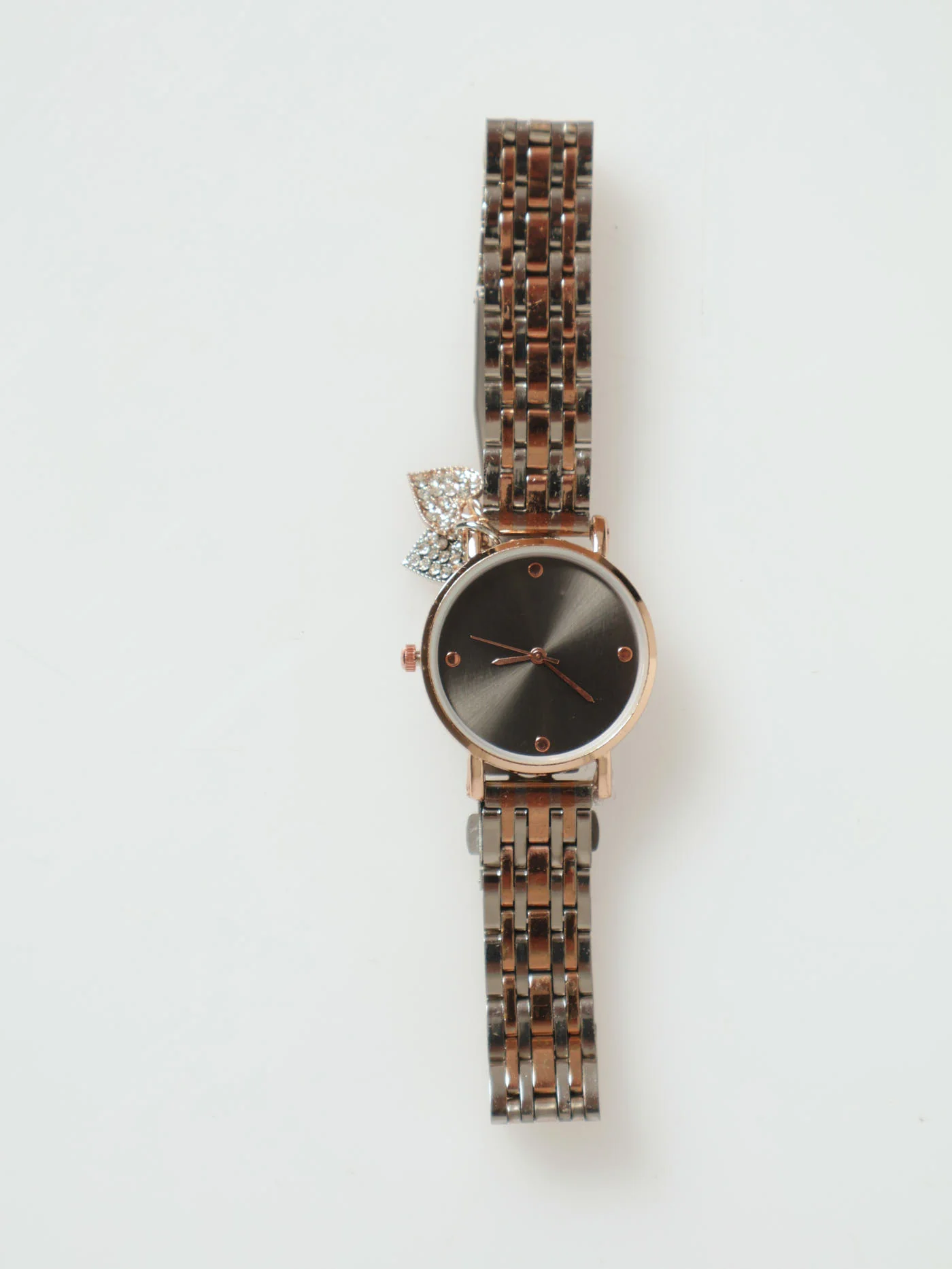 Metal Link Strap Double Heart Diamante Charm Watch