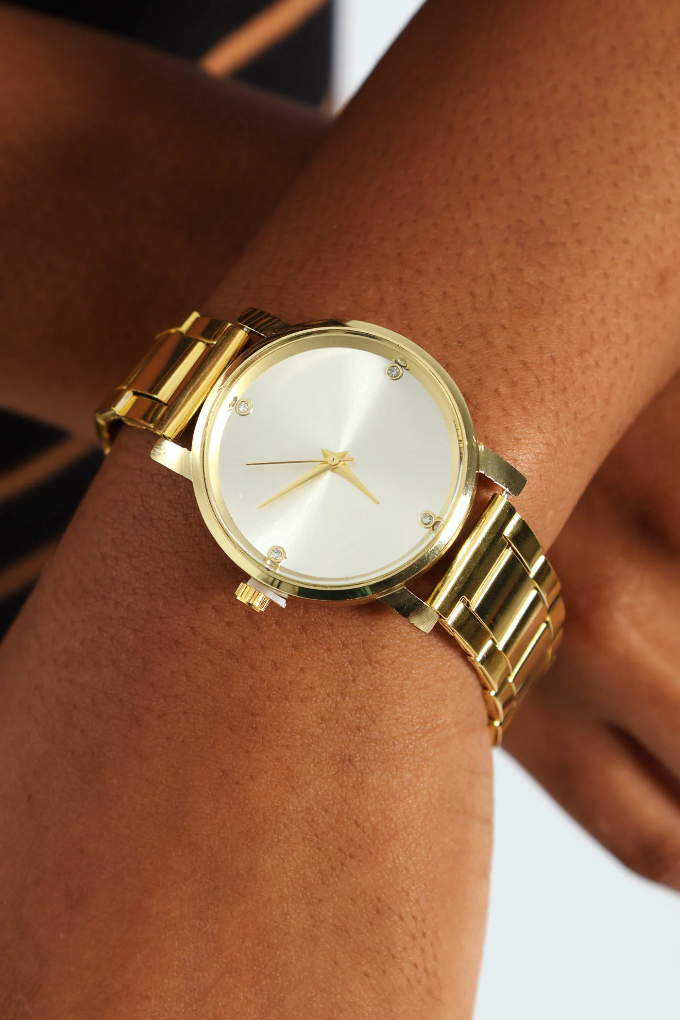 Metal Link Watch & 3 Pairs Earring Set - Gold