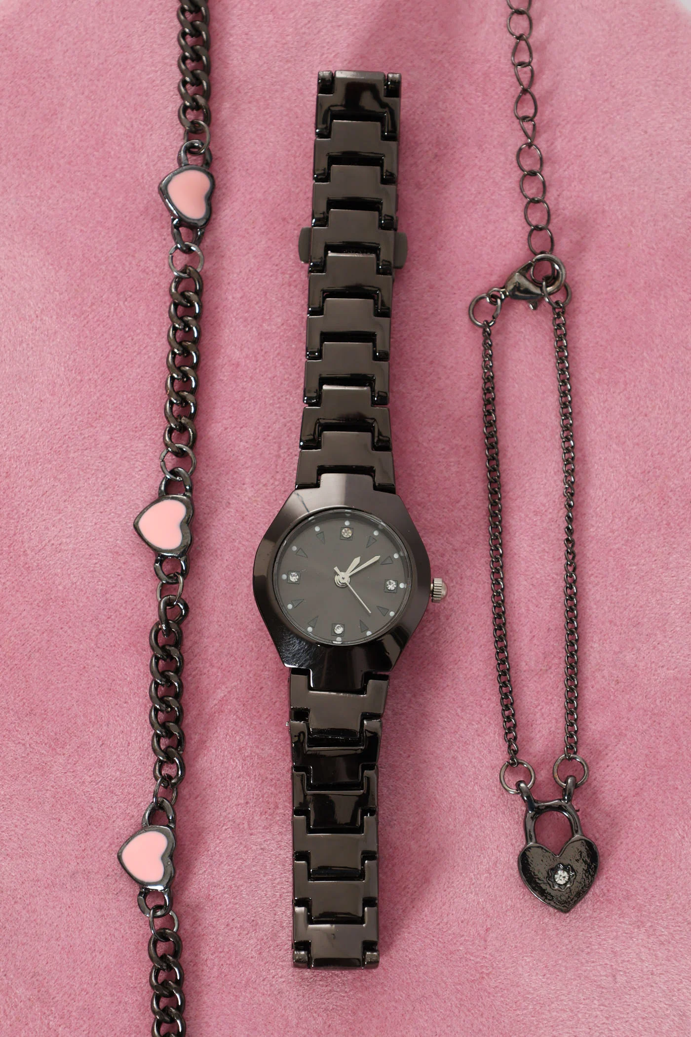Metal Link Watch With 2 Heart Bracelets - Gunmetal