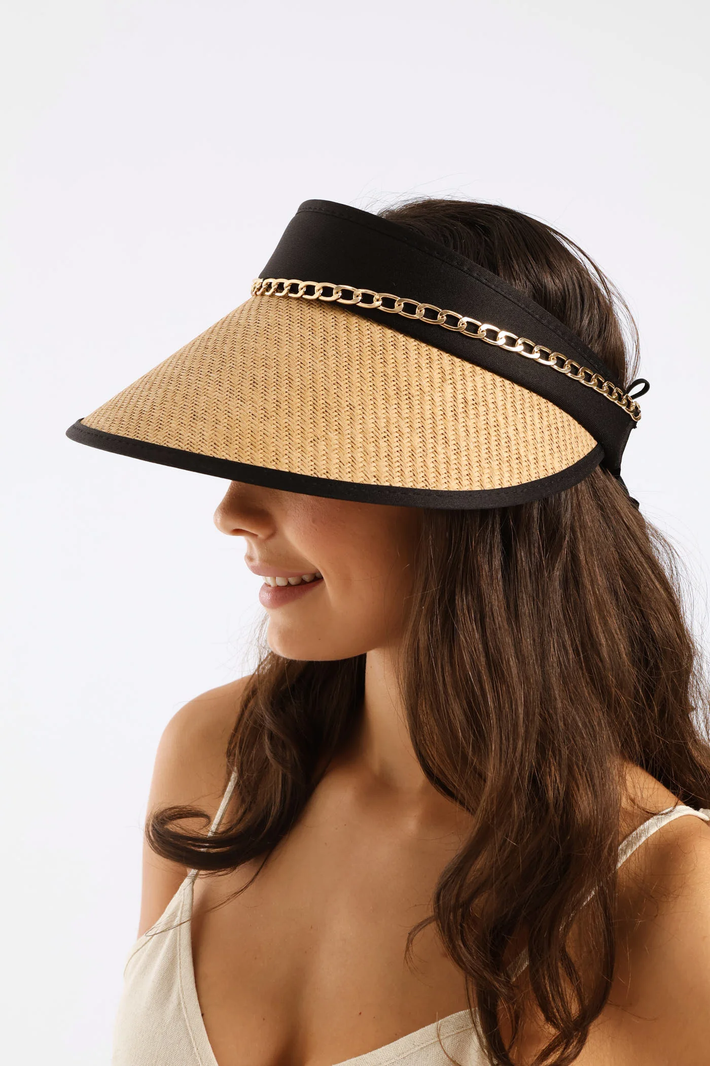 Metal Trim Bow Back Straw Visor - Natural - Image 2