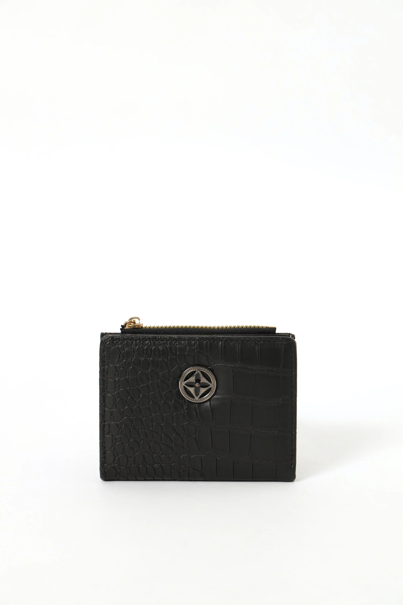 Metal Trim Compartment Zip Wallet - Black