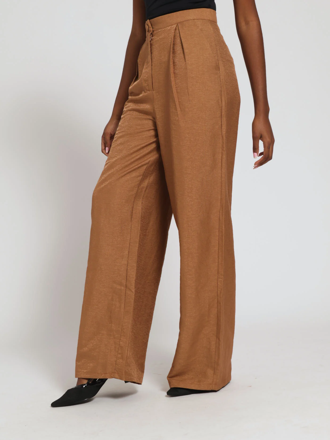 Metallic Pleat Front Wideleg Pants - Brown - Image 2
