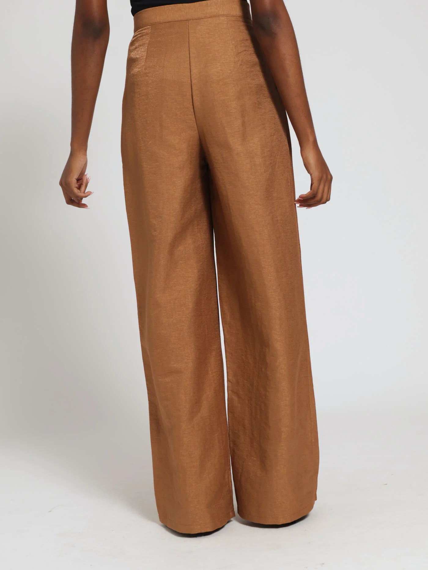 Metallic Pleat Front Wideleg Pants - Brown - Image 3