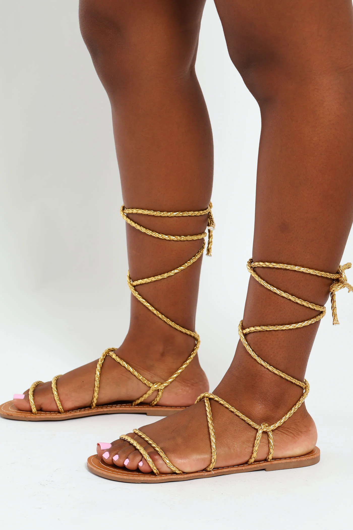 Metallic Rope Tie Up Flat Multistrap Mule Sandal - Gold - Image 2