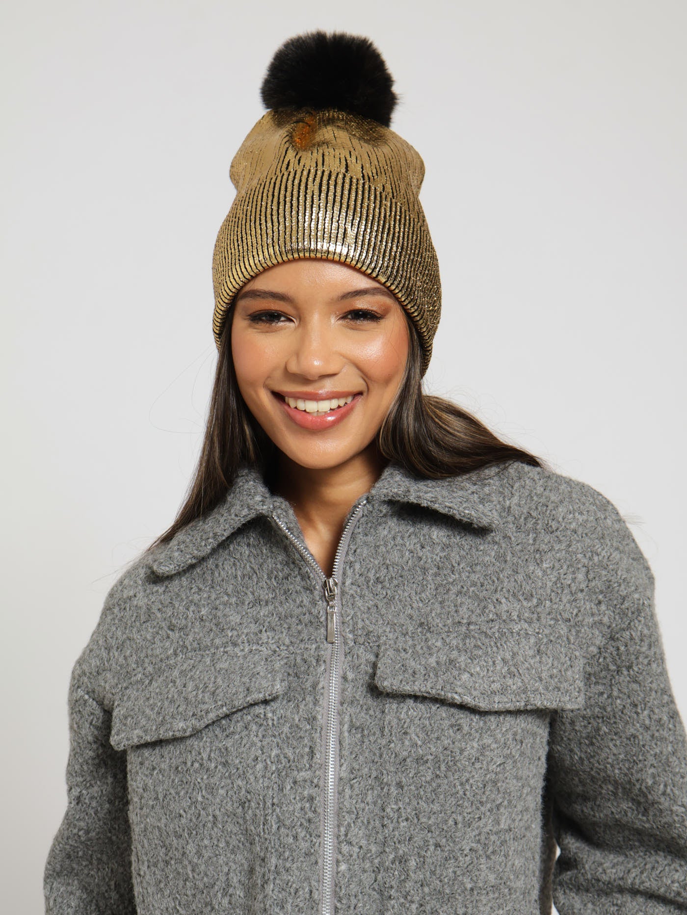Metallic Satin Lined Pom Pom Beanie - Gold