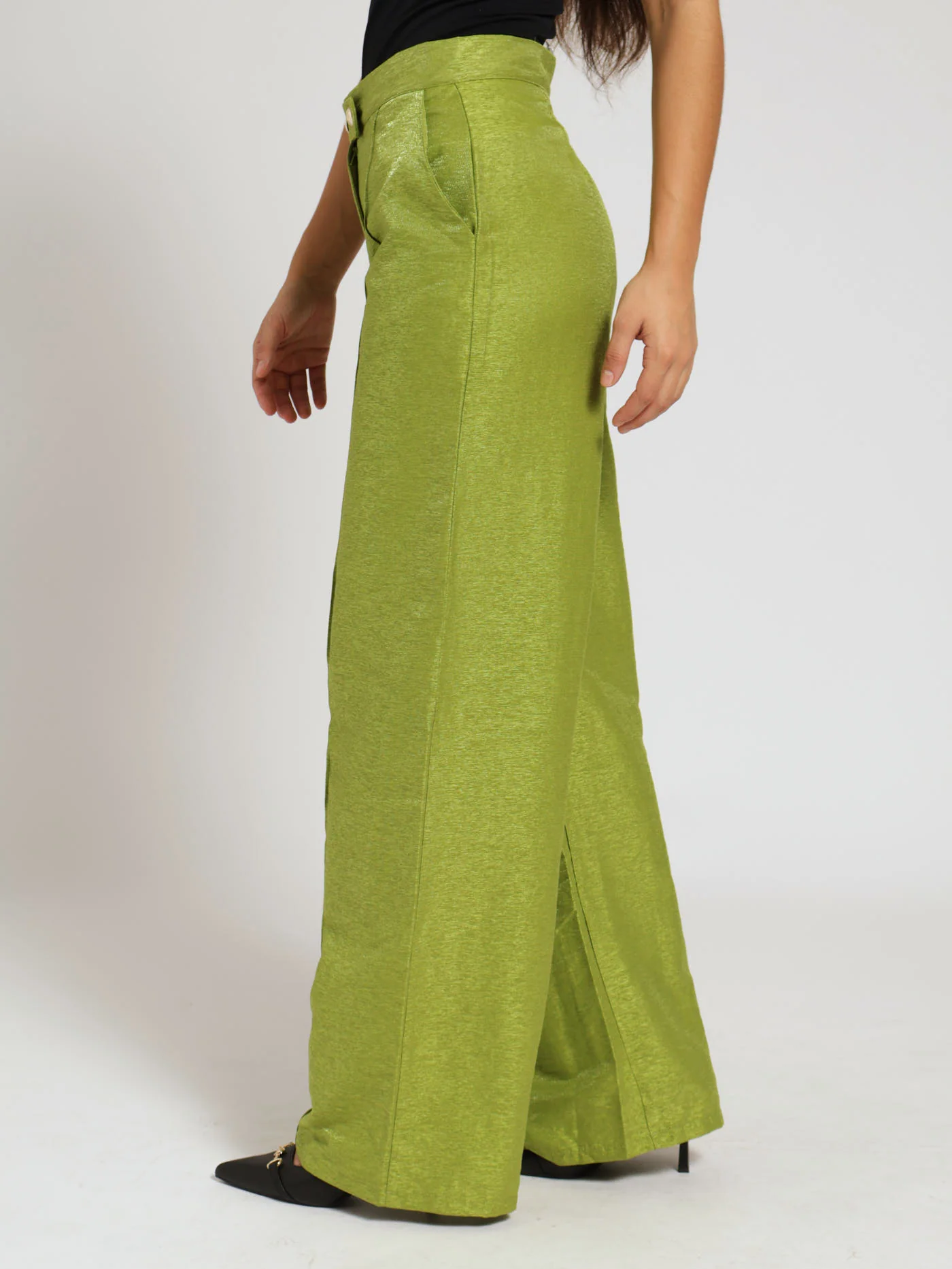 Metallic Thread Detail Wide Leg Pants - Green - Image 3