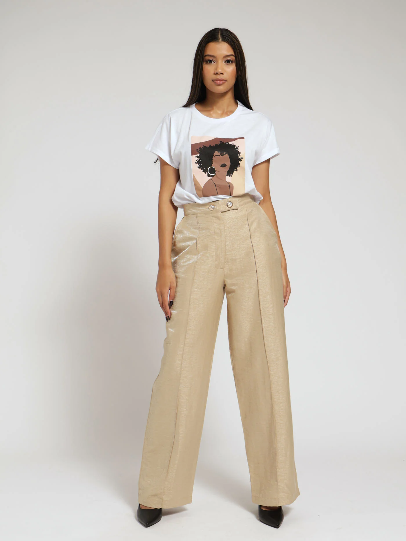 Metallic Thread Detail Wideleg Pants - Nude - Image 4