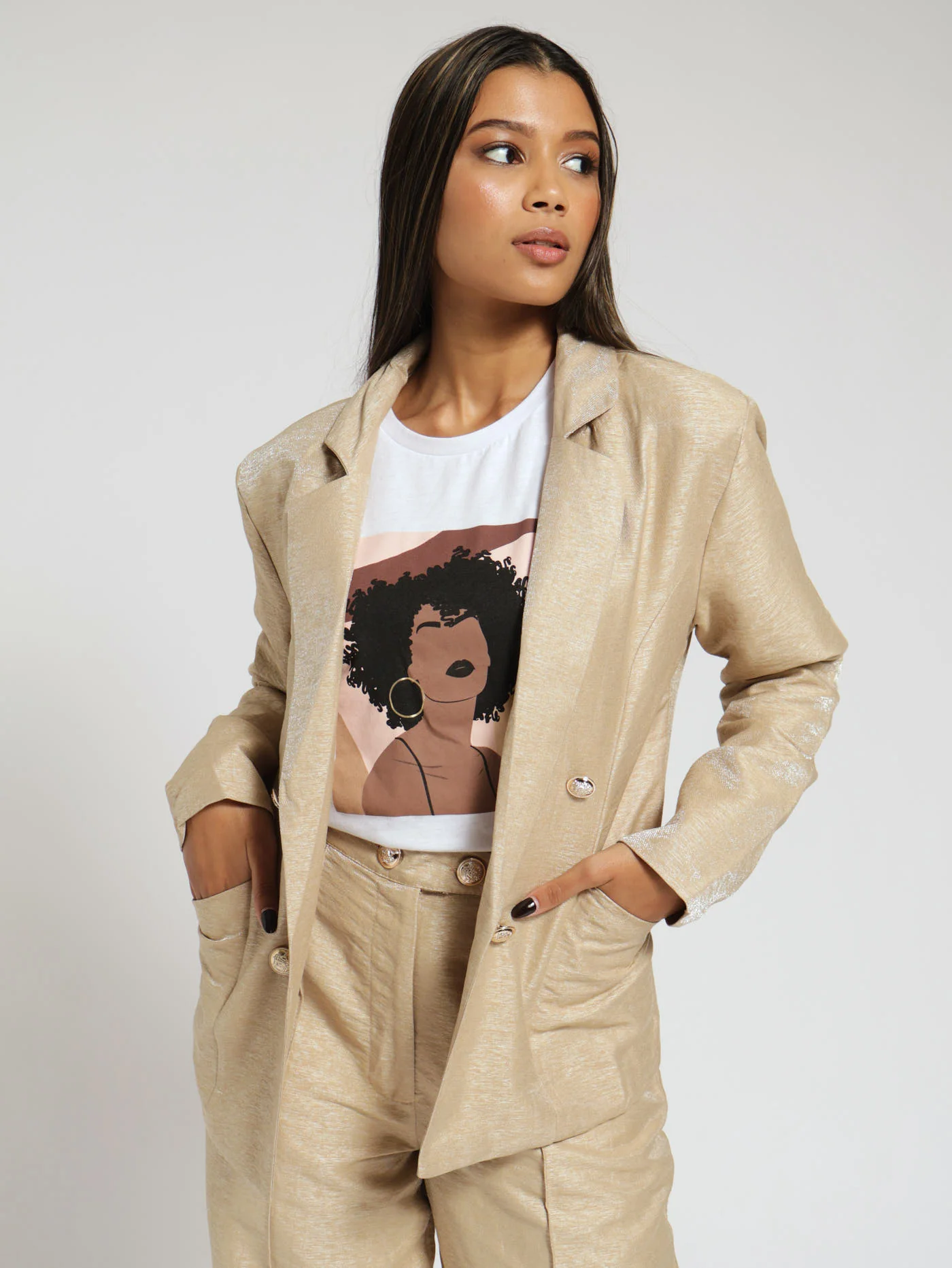 Metallic Thread Detail Blazer - Nude