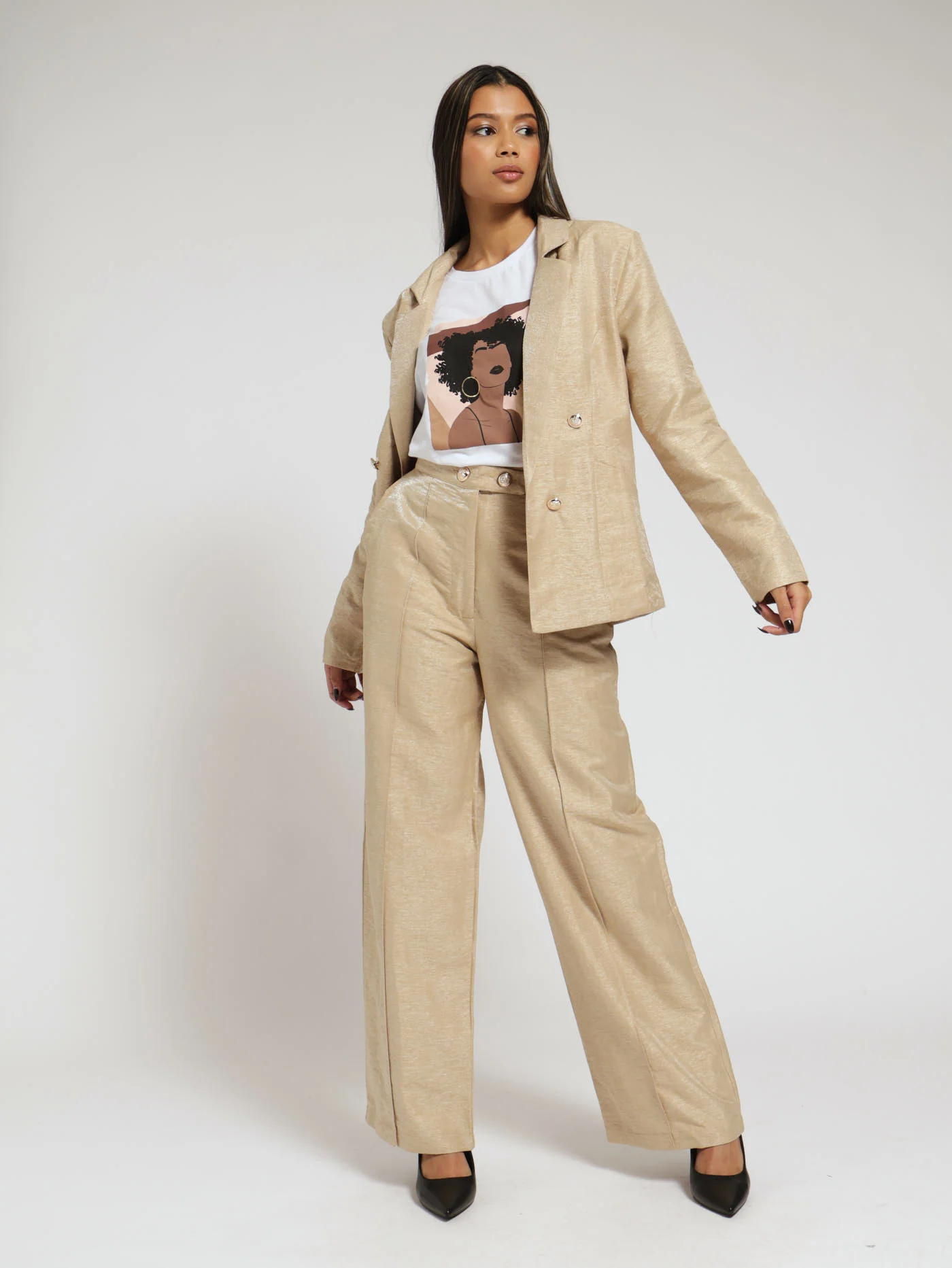 Metallic Thread Detail Blazer - Nude - Image 4
