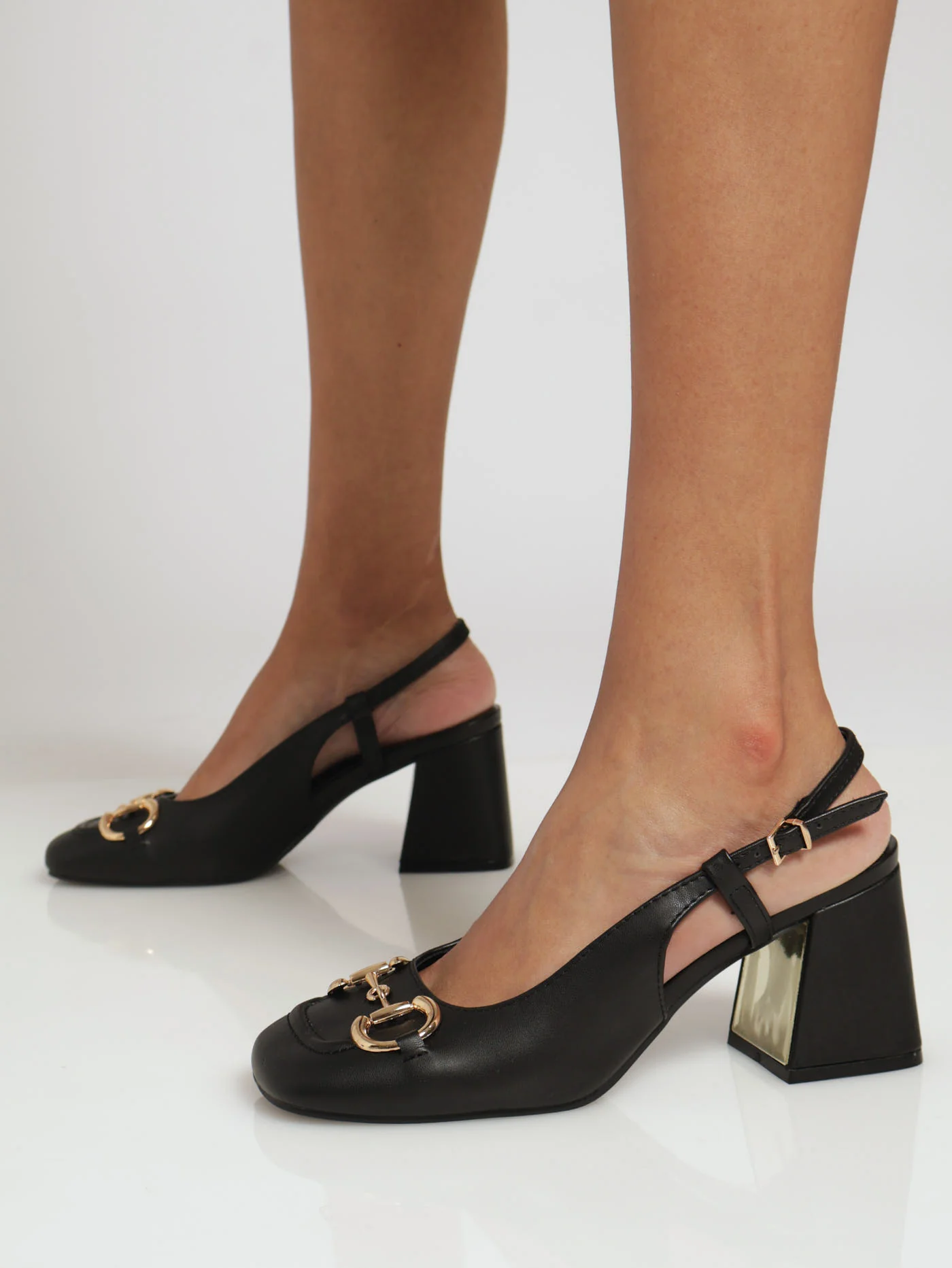 Mid Block Court Heel With Square Toe & Trim - Black - Image 2