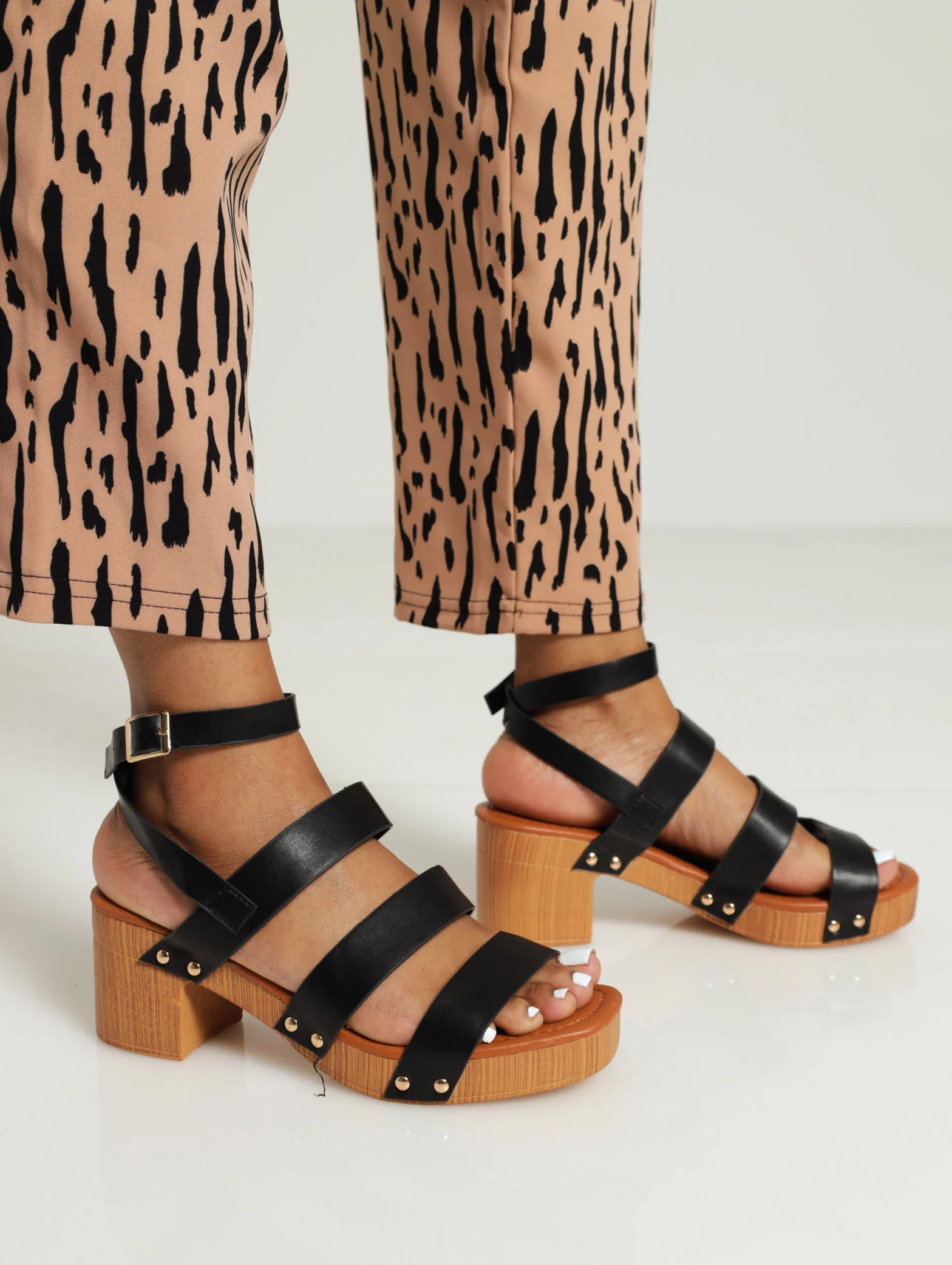 Mid Block Heel Clog With Ankle Strap