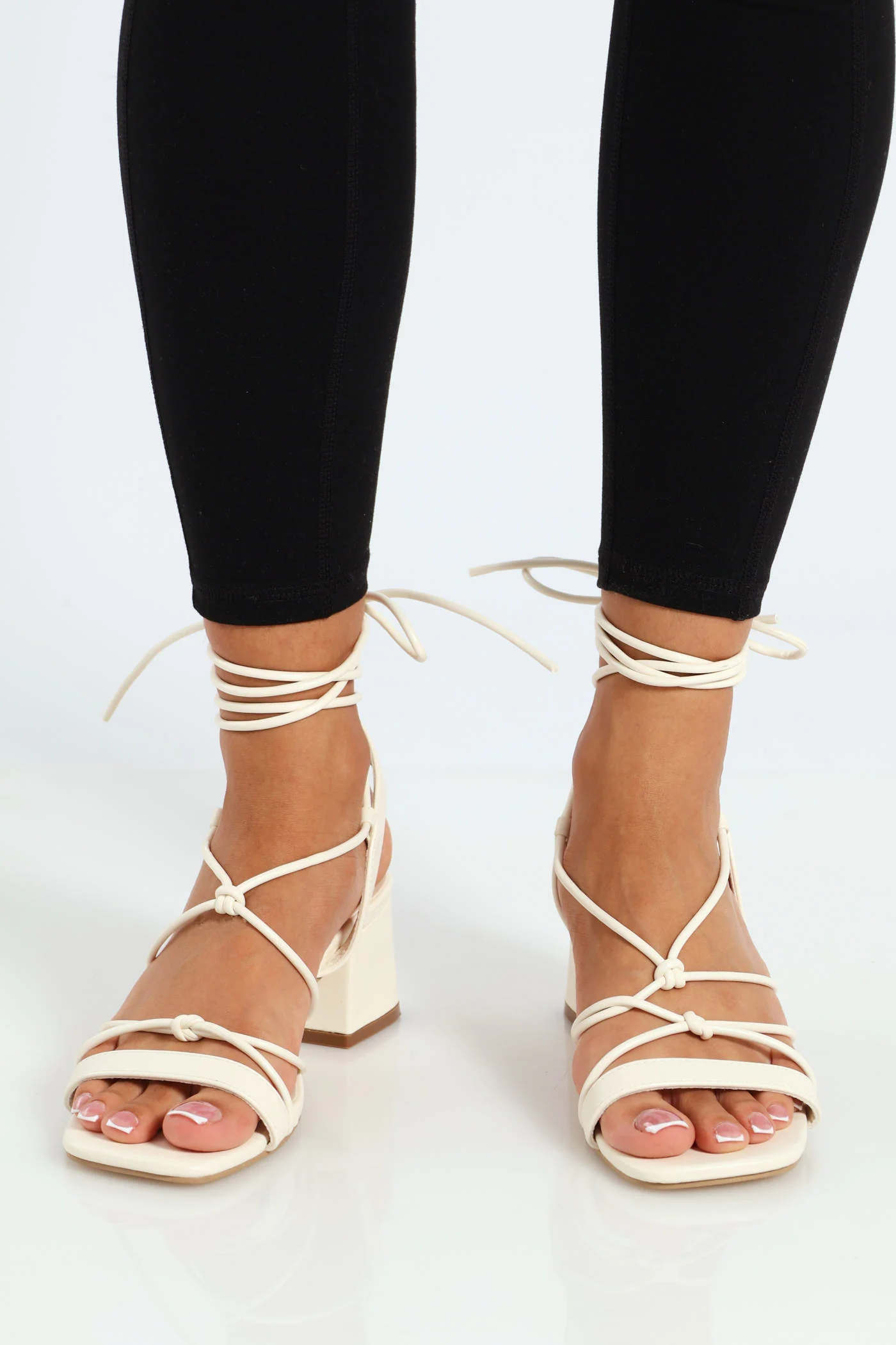 Mid Block Multistrap Knot Detail Tie Up Mule Heel - Off White