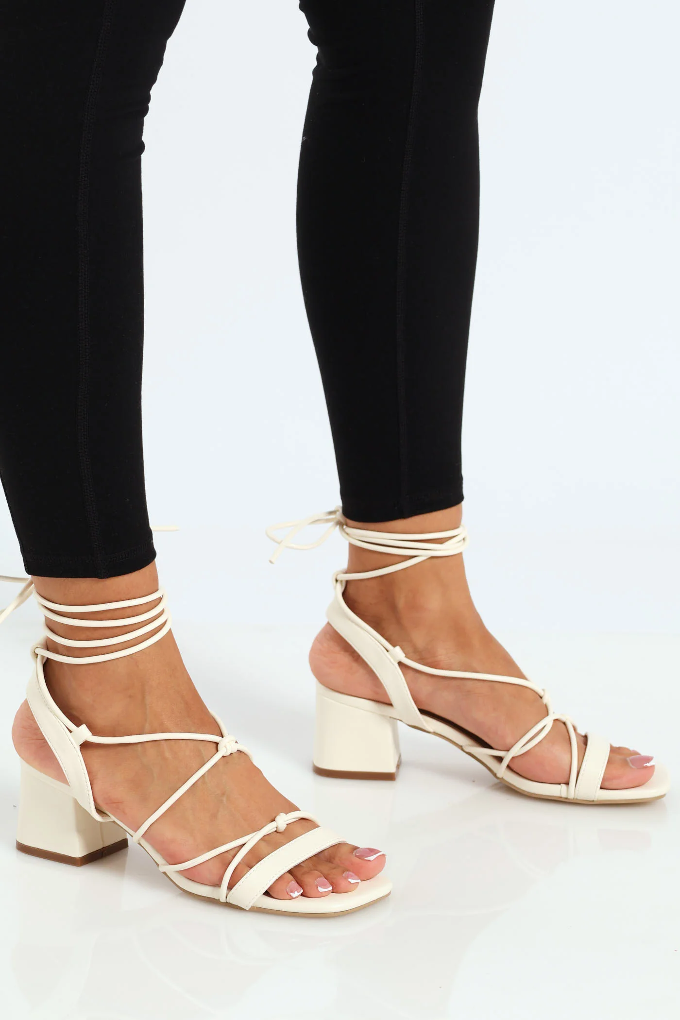 Mid Block Multistrap Knot Detail Tie Up Mule Heel - Off White - Image 3