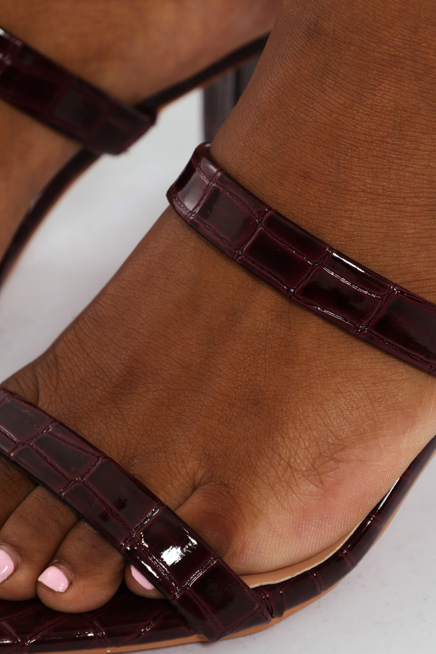 Mid Block Square Patent Croc Mule Heel - Burgundy - Image 3