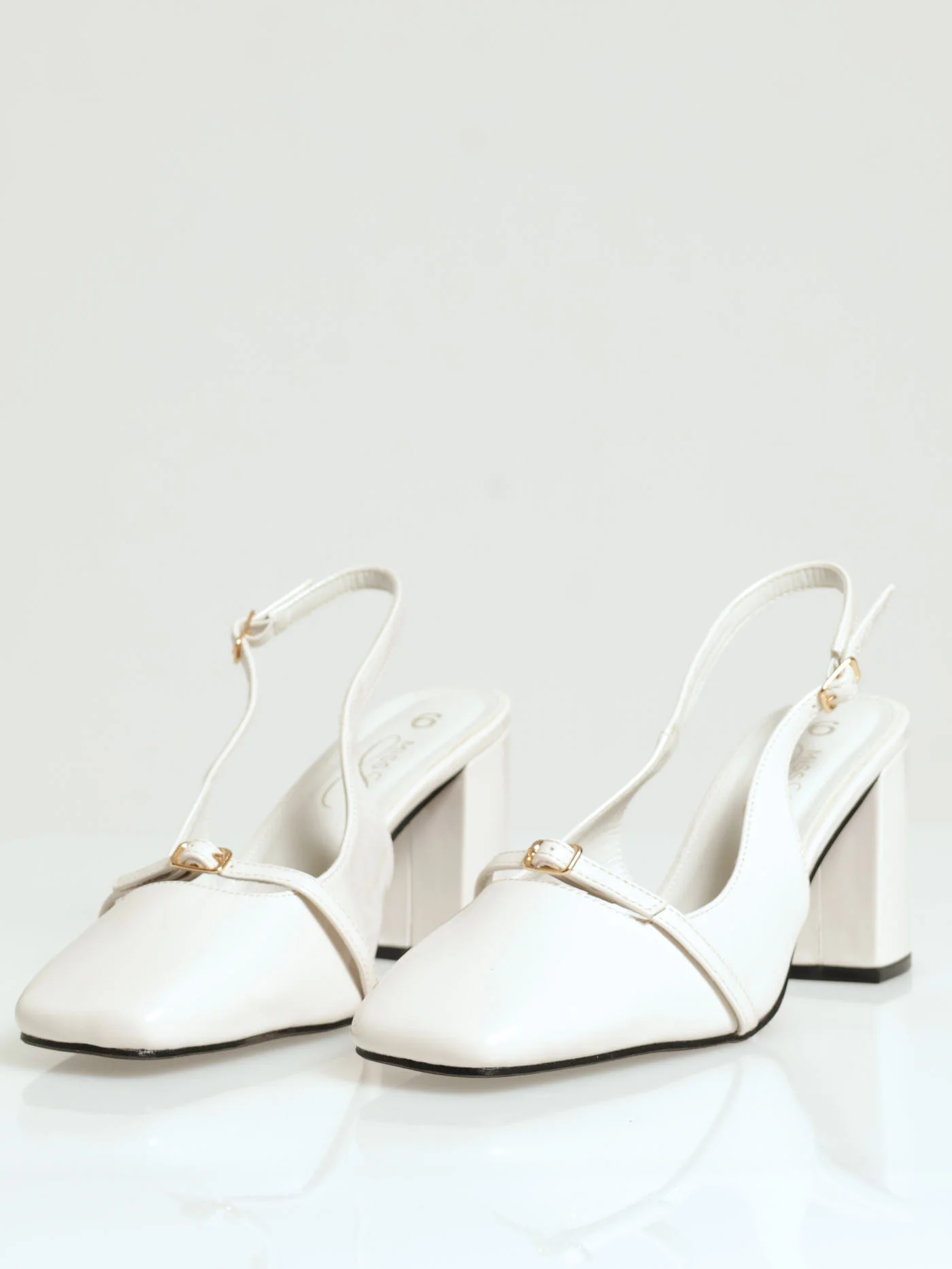 Mid Block Square Toe Court Heel With Dainty Foot Buckle - Off White - Image 2