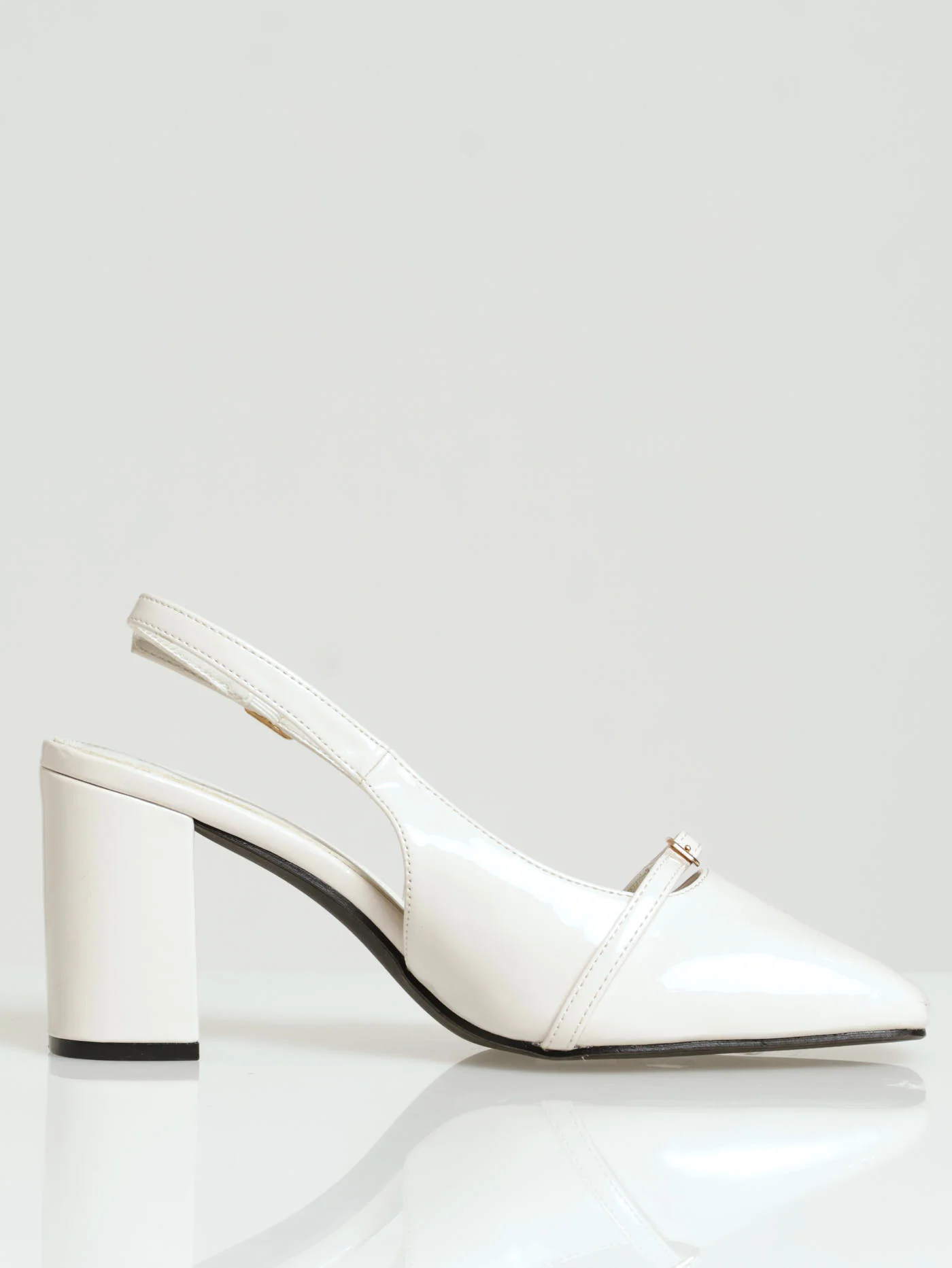 Mid Block Square Toe Court Heel With Dainty Foot Buckle - Off White - Image 3