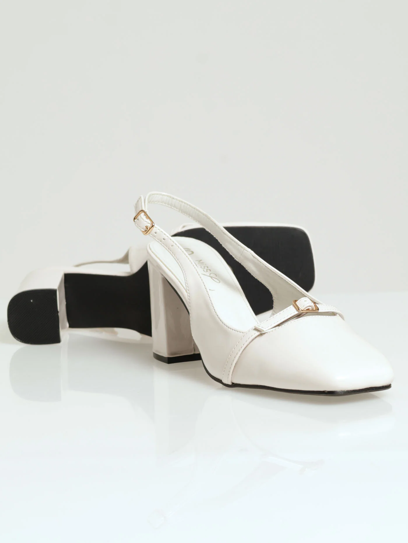Mid Block Square Toe Court Heel With Dainty Foot Buckle - Off White - Image 5