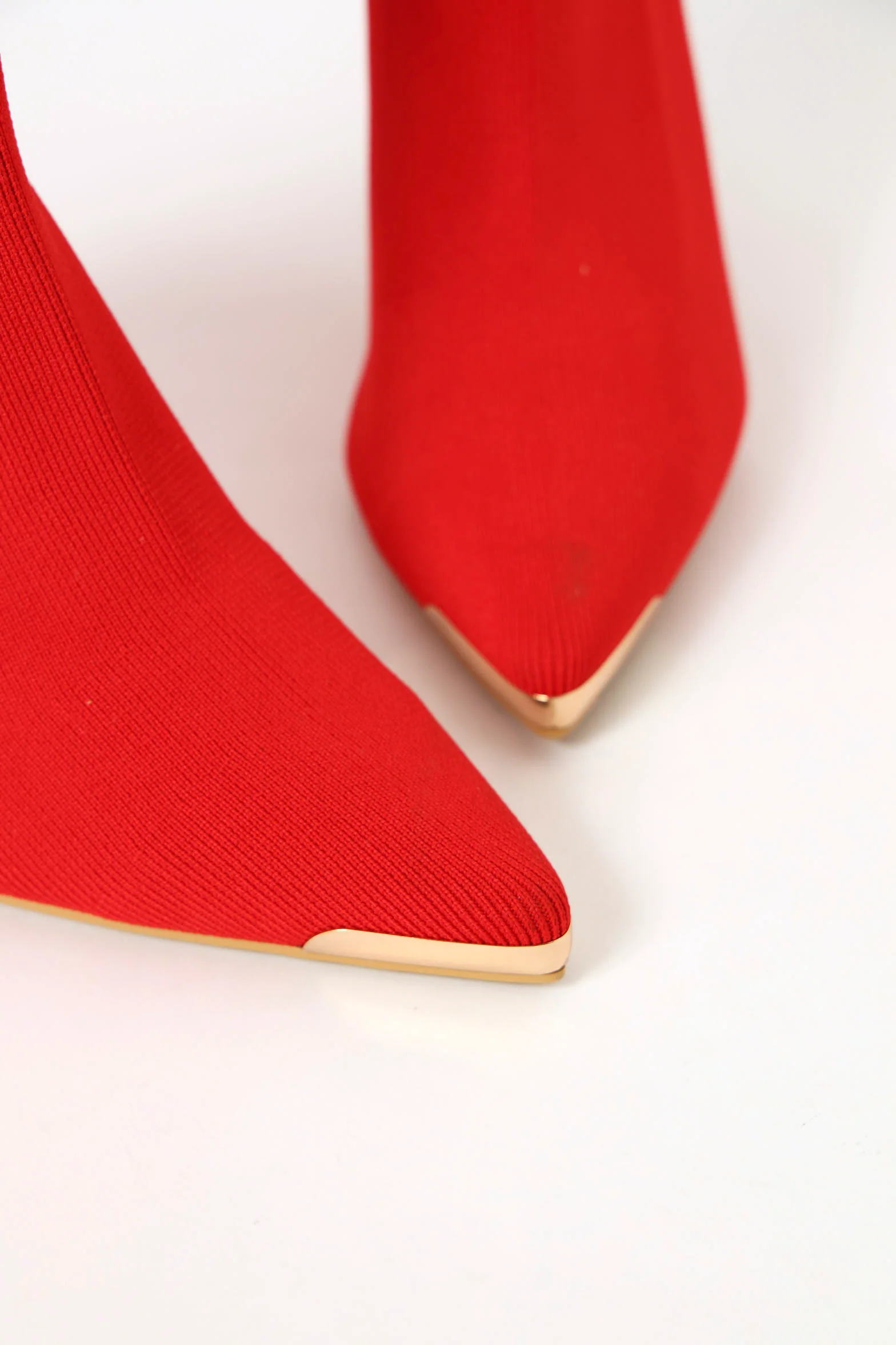 Mid Calf Pointy Heeled Gold Detail Sock Boot  - Red - Image 3