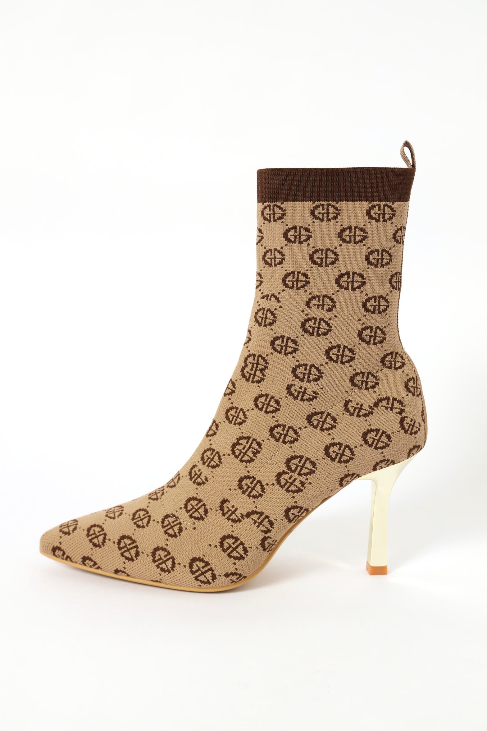 Mid Calf Pointy Heeled Monogram Sock Boot - Taupe - Image 3