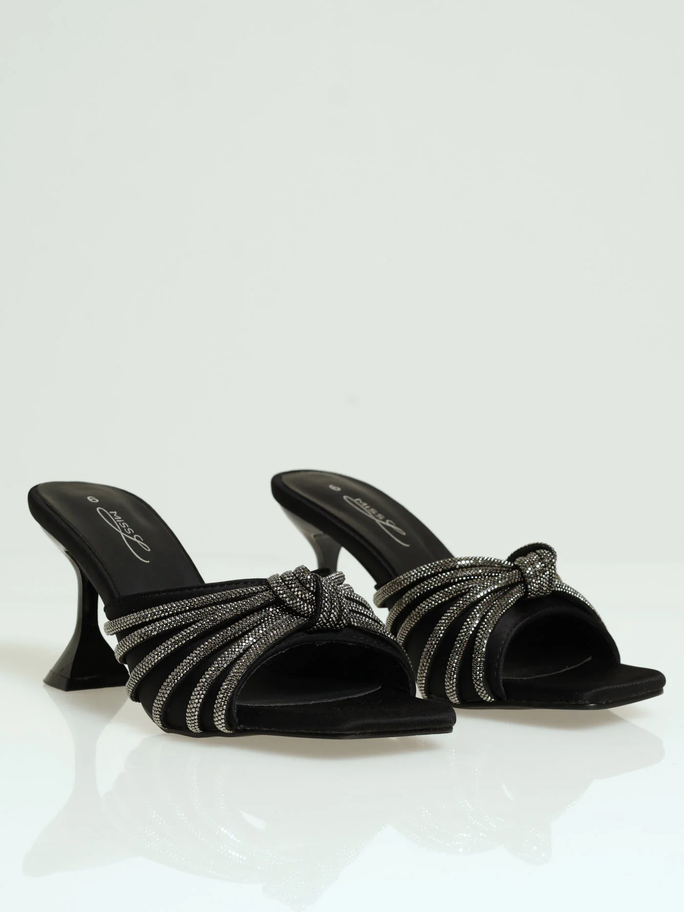 Mid Shaped Diamante Knot Mule Heel - Gunmetal