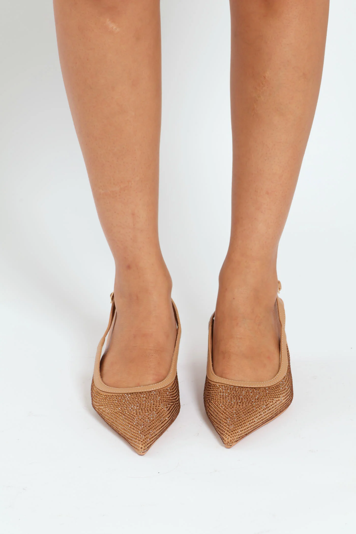 Mid Shaped Mesh Diamante Slingback Court Heel - Beige - Image 2