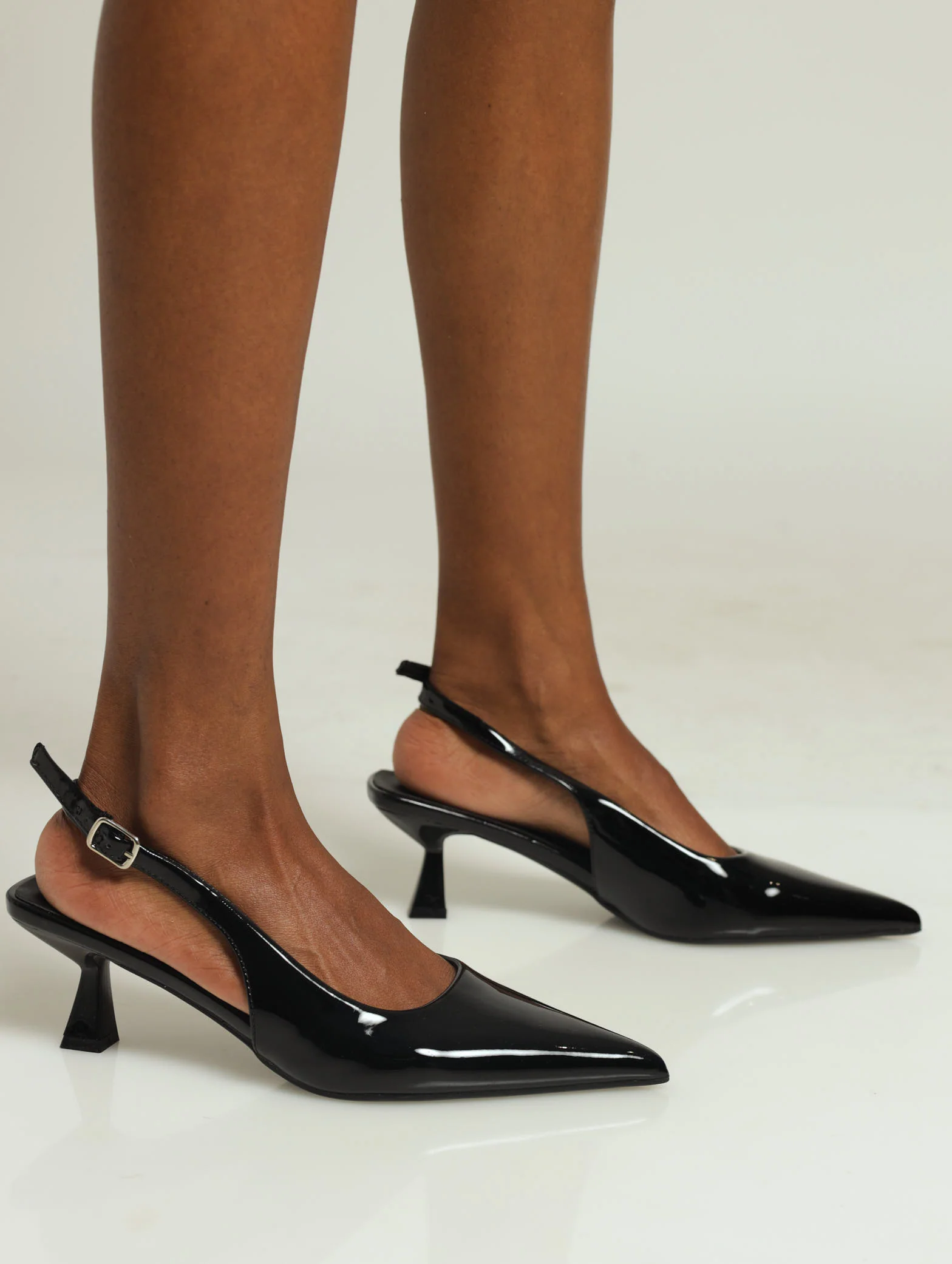 Mid Shaped Pointy Patent Slingabck Court Heel - Black - Image 2