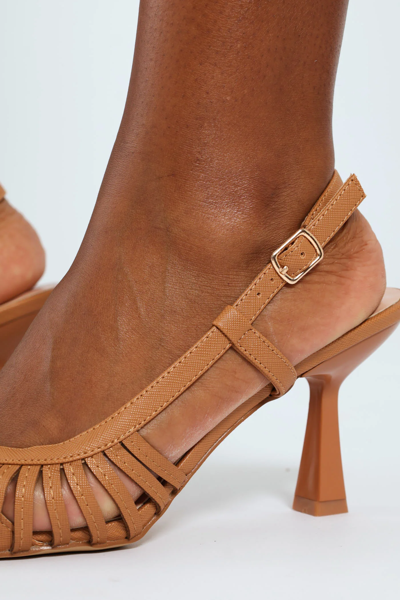 Mid Shaped Strippy Slingback Court Heel - Tan - Image 3