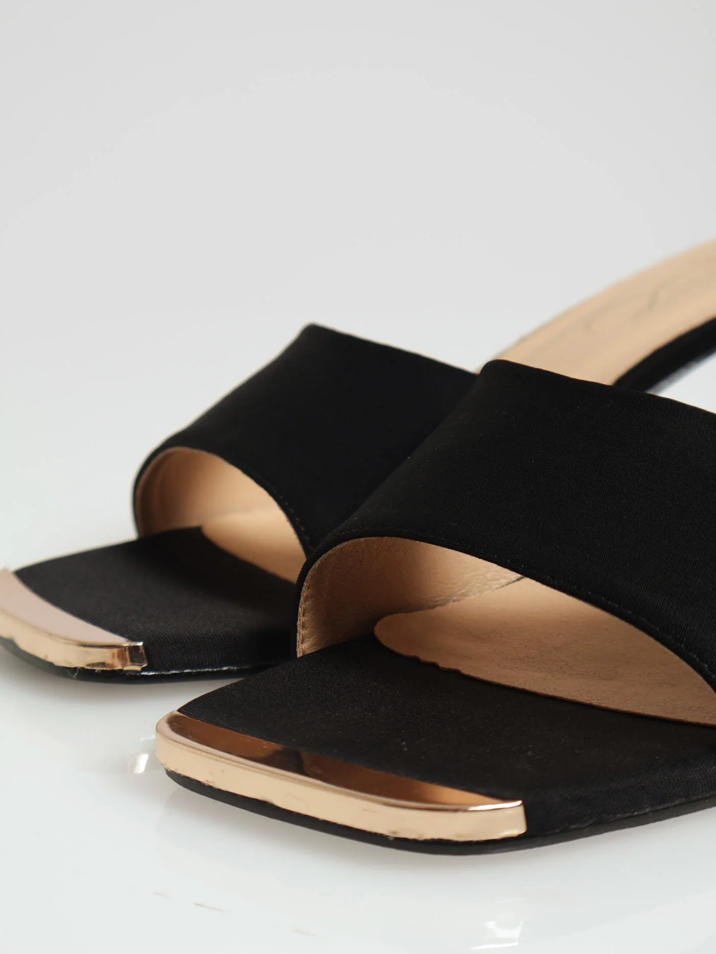 Mid Stiletto One Strap Mule Heel With Gold Toe Cap - Black - Image 4