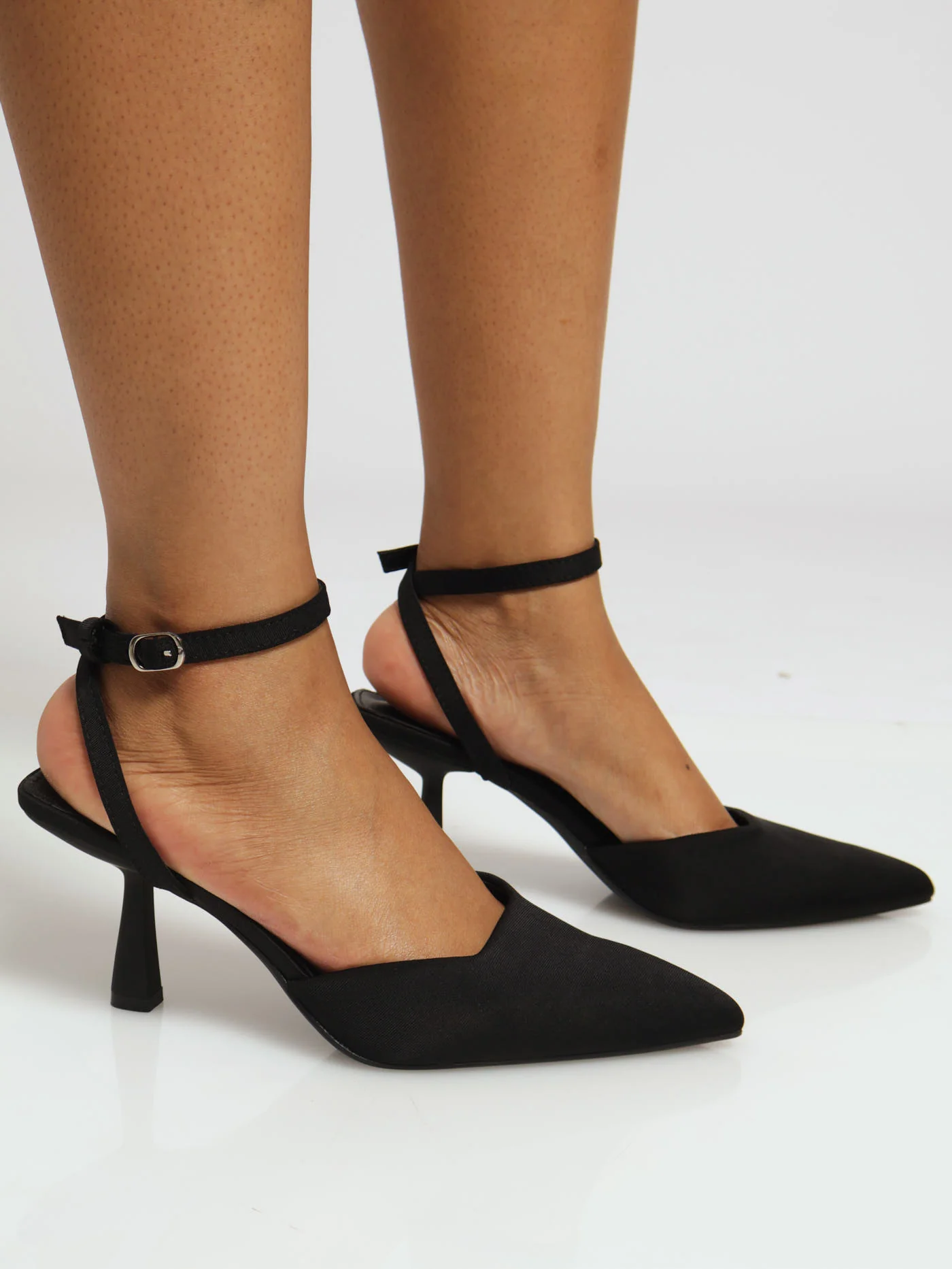 Mid Stiletto Pointed Court Heel With Ankle Buckle - Black