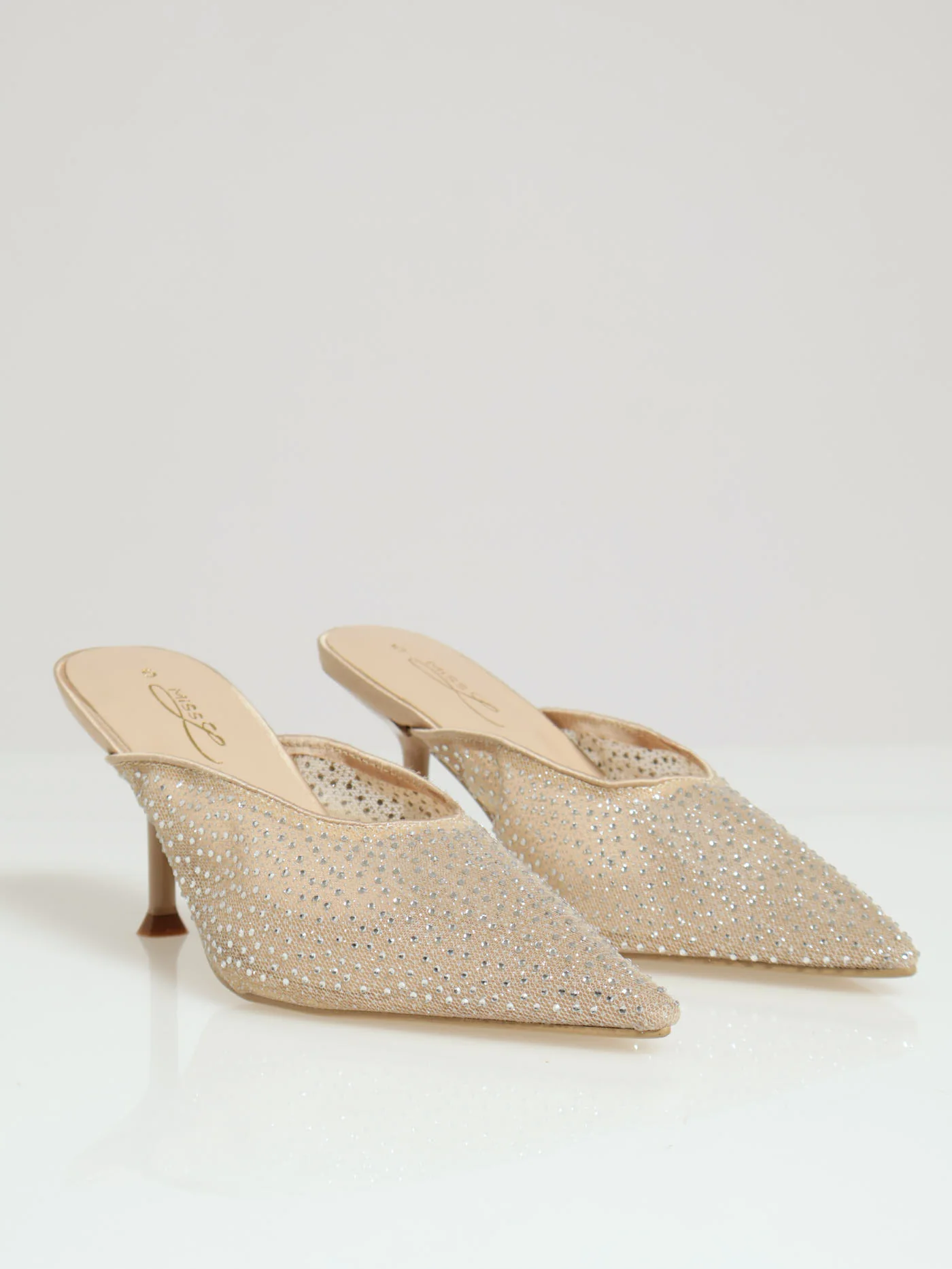 Mid Stiletto Pointy Court With Rhinestone Mesh Detail - Champagne