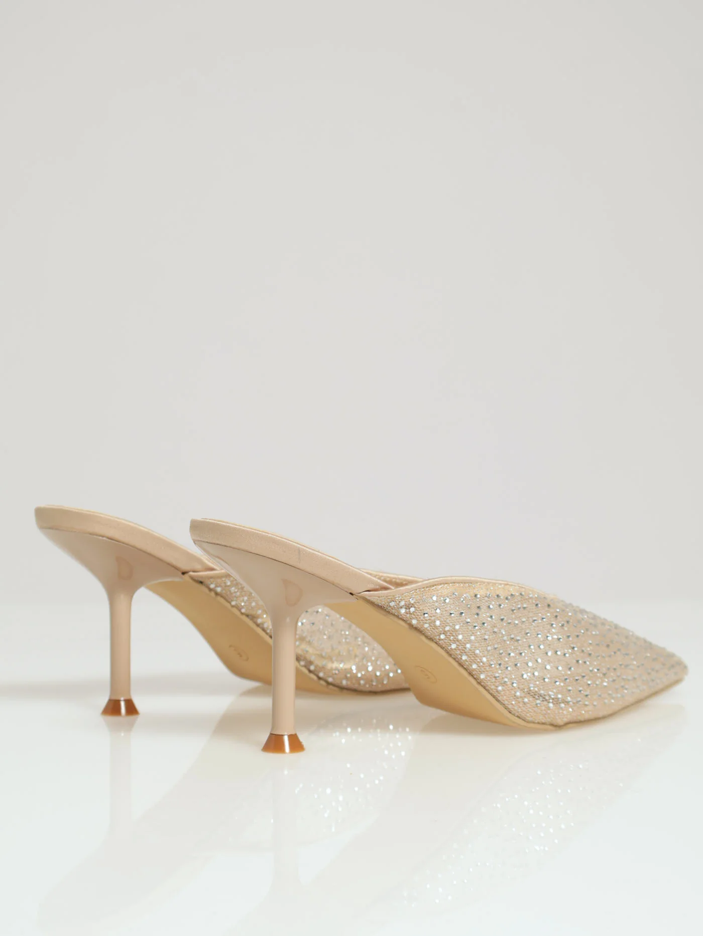 Mid Stiletto Pointy Court With Rhinestone Mesh Detail - Champagne - Image 2