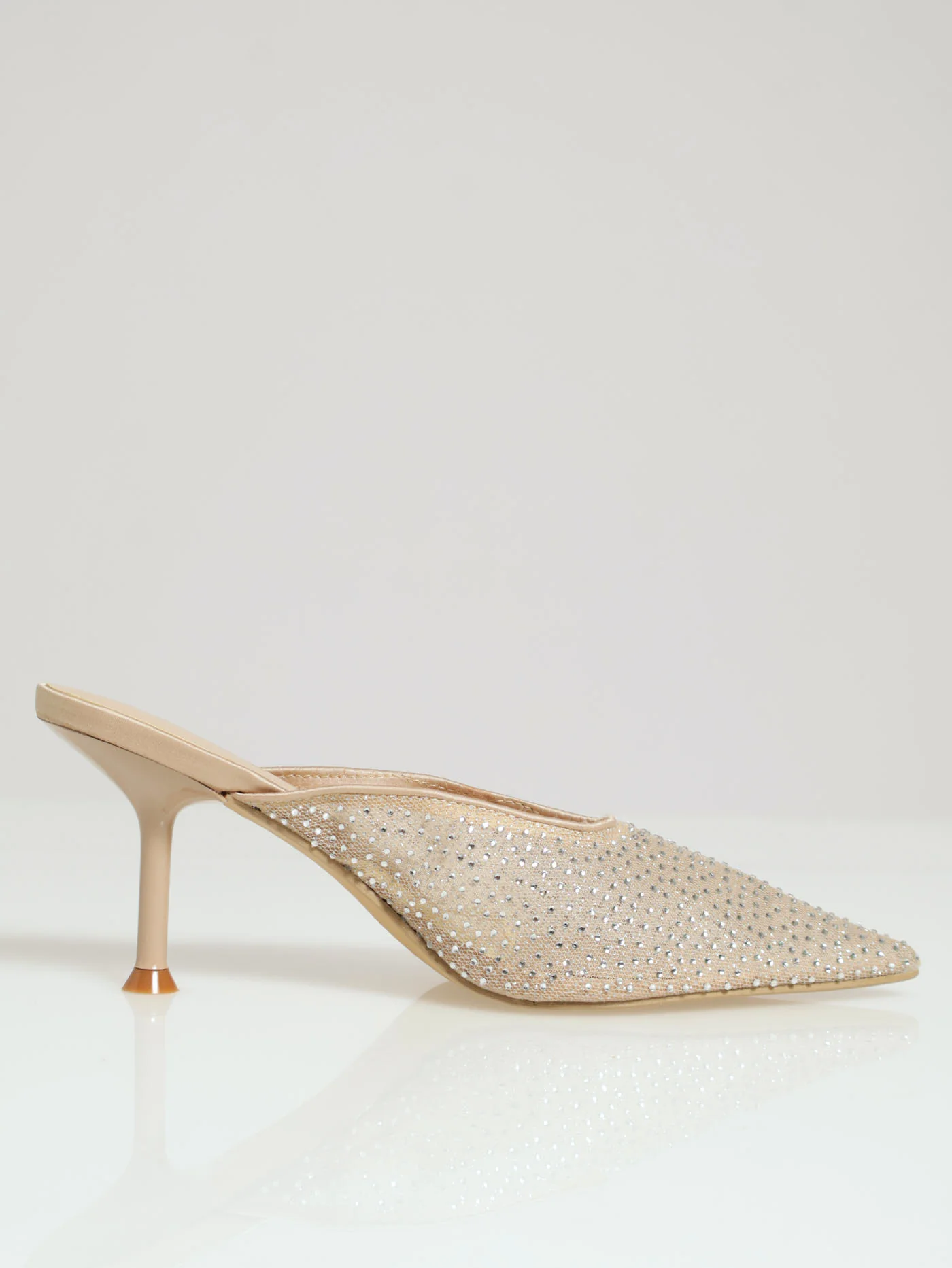 Mid Stiletto Pointy Court With Rhinestone Mesh Detail - Champagne - Image 3