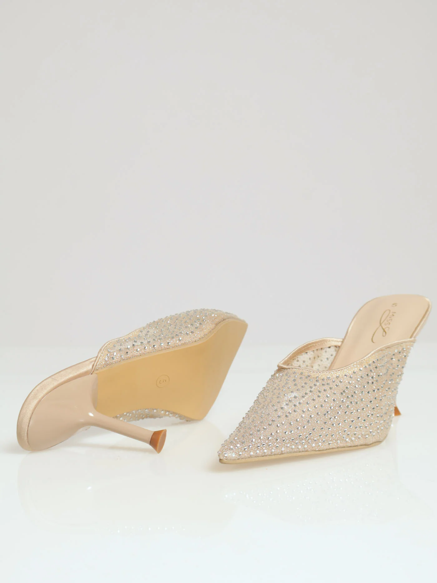 Mid Stiletto Pointy Court With Rhinestone Mesh Detail - Champagne - Image 4