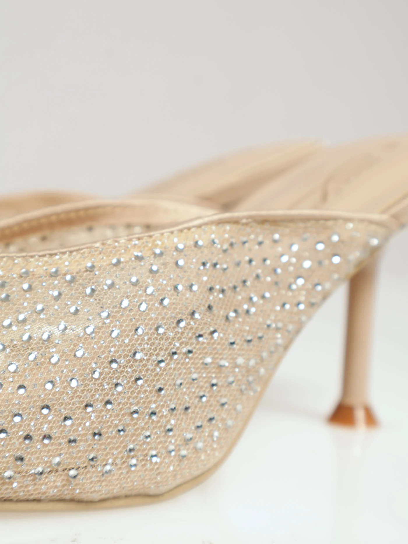 Mid Stiletto Pointy Court With Rhinestone Mesh Detail - Champagne - Image 5
