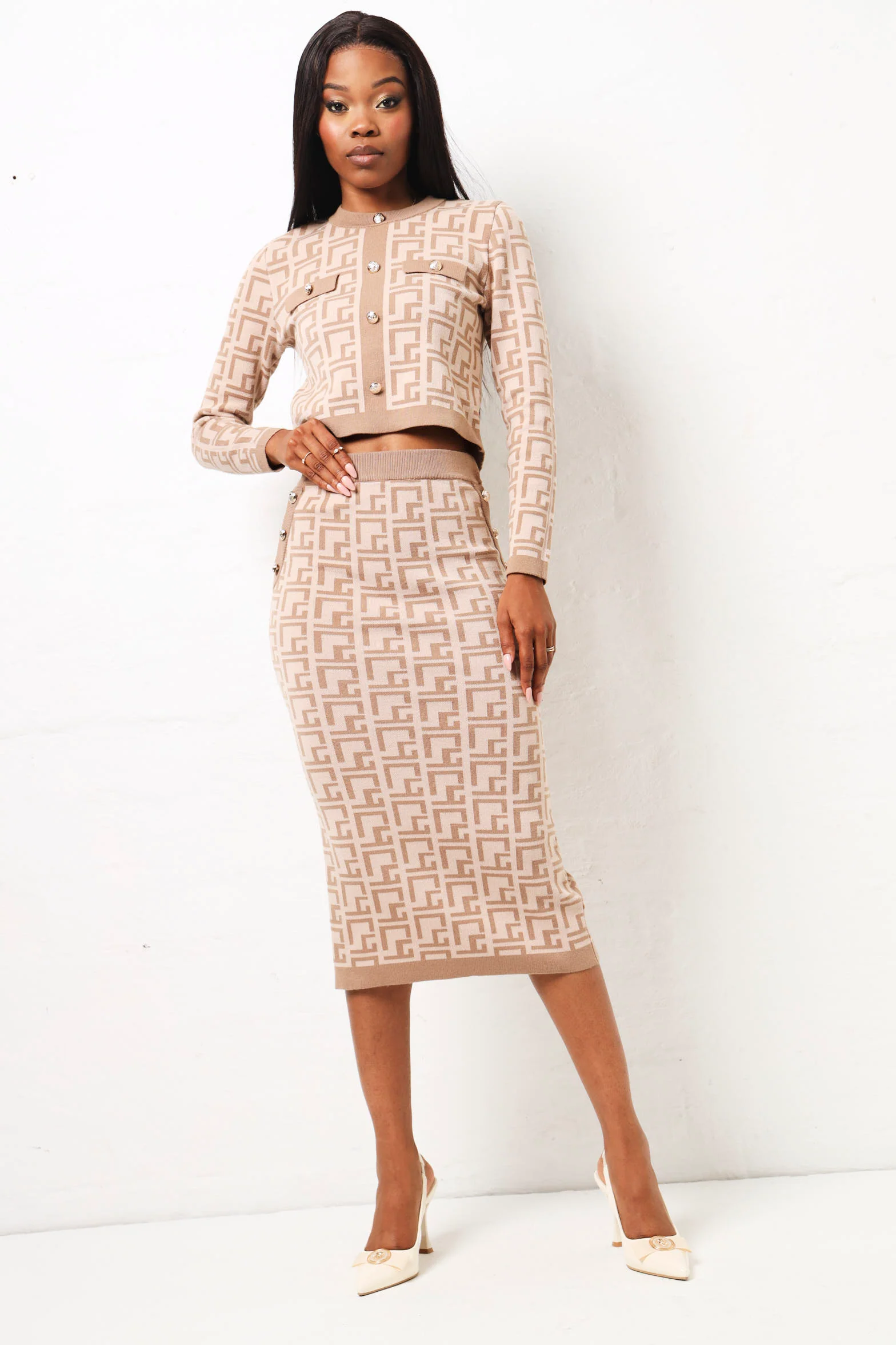 Midi Knitwear Geometric Skirt - Nude - Image 2